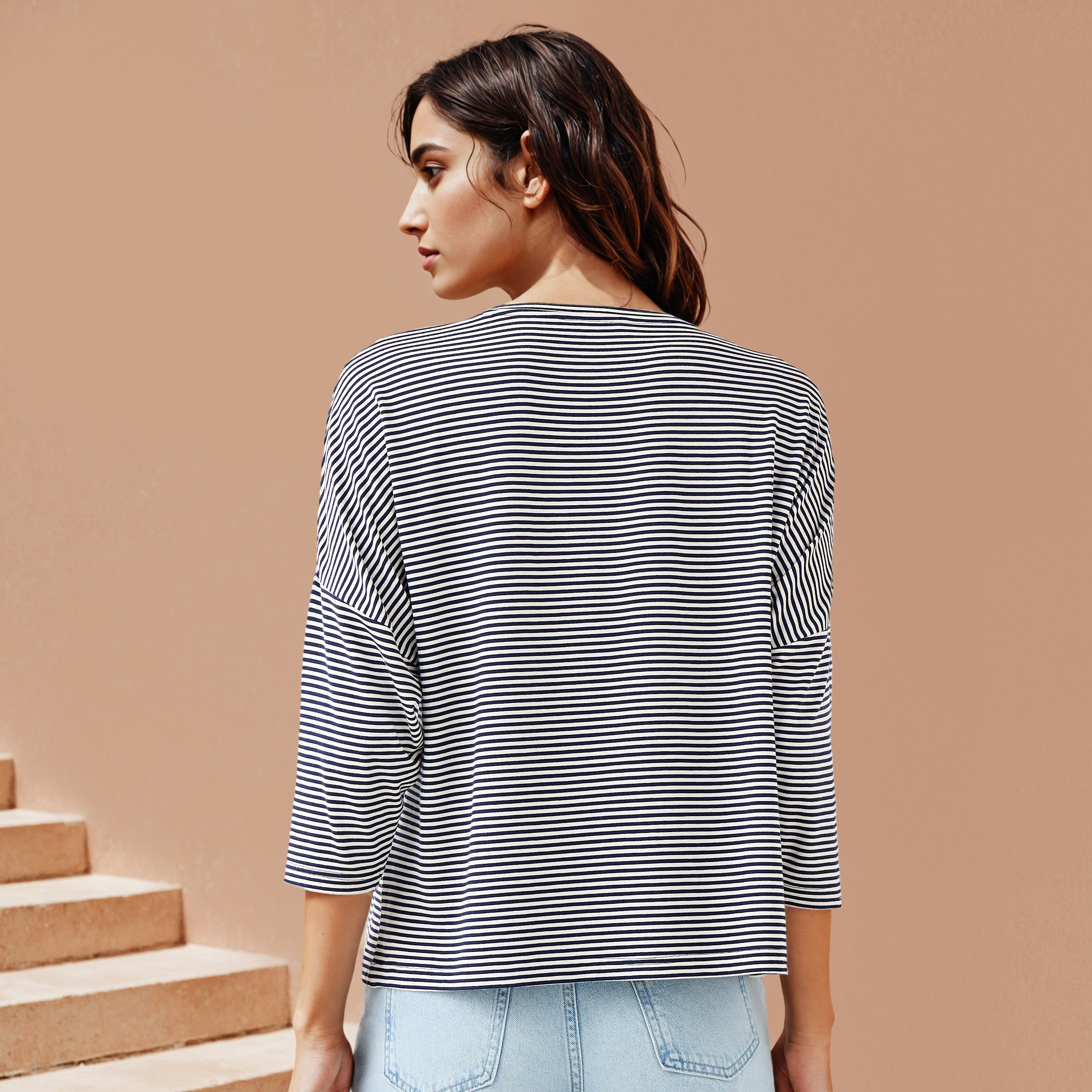 Striped T-shirt with Drop Shoulder Sleeves-women-clothing-tshirts-image-3