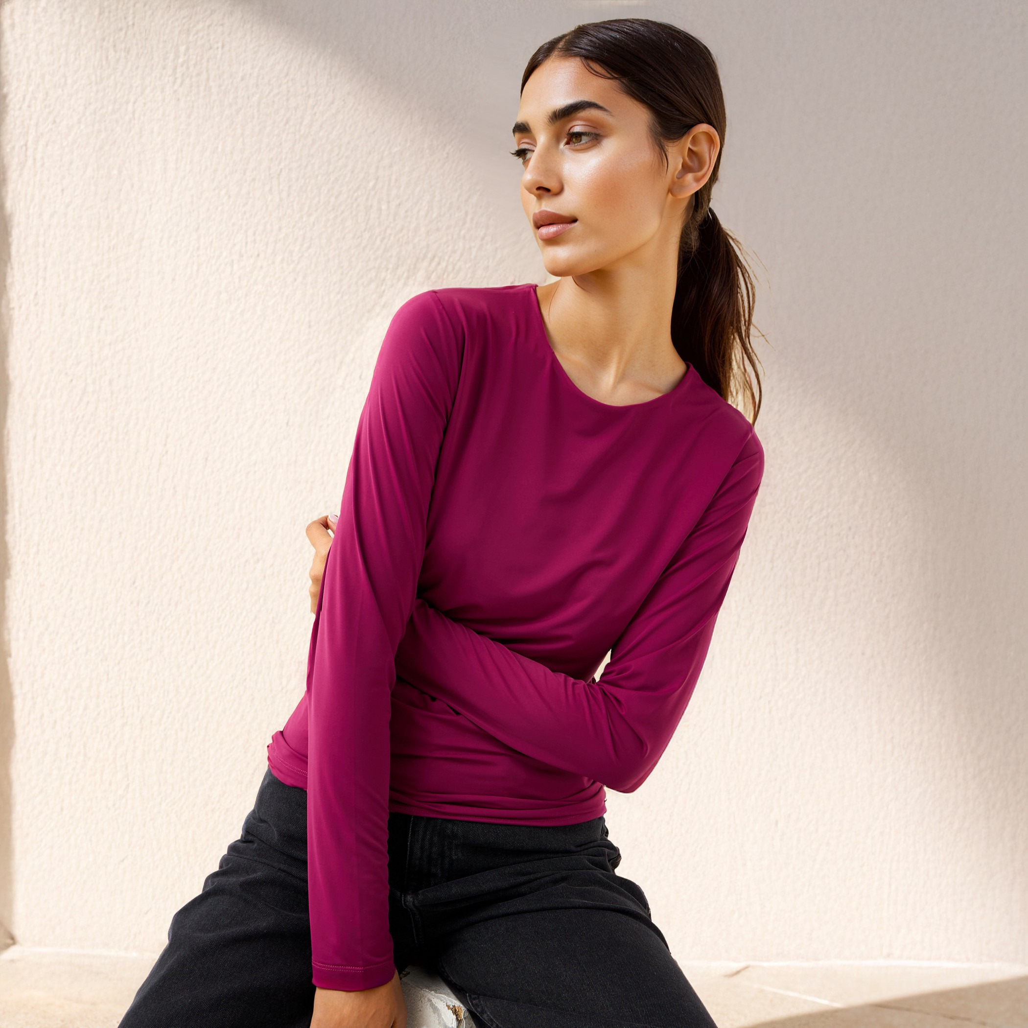 Crew Neck T-shirt with Long Sleeves-women-clothing-tshirts-image-1
