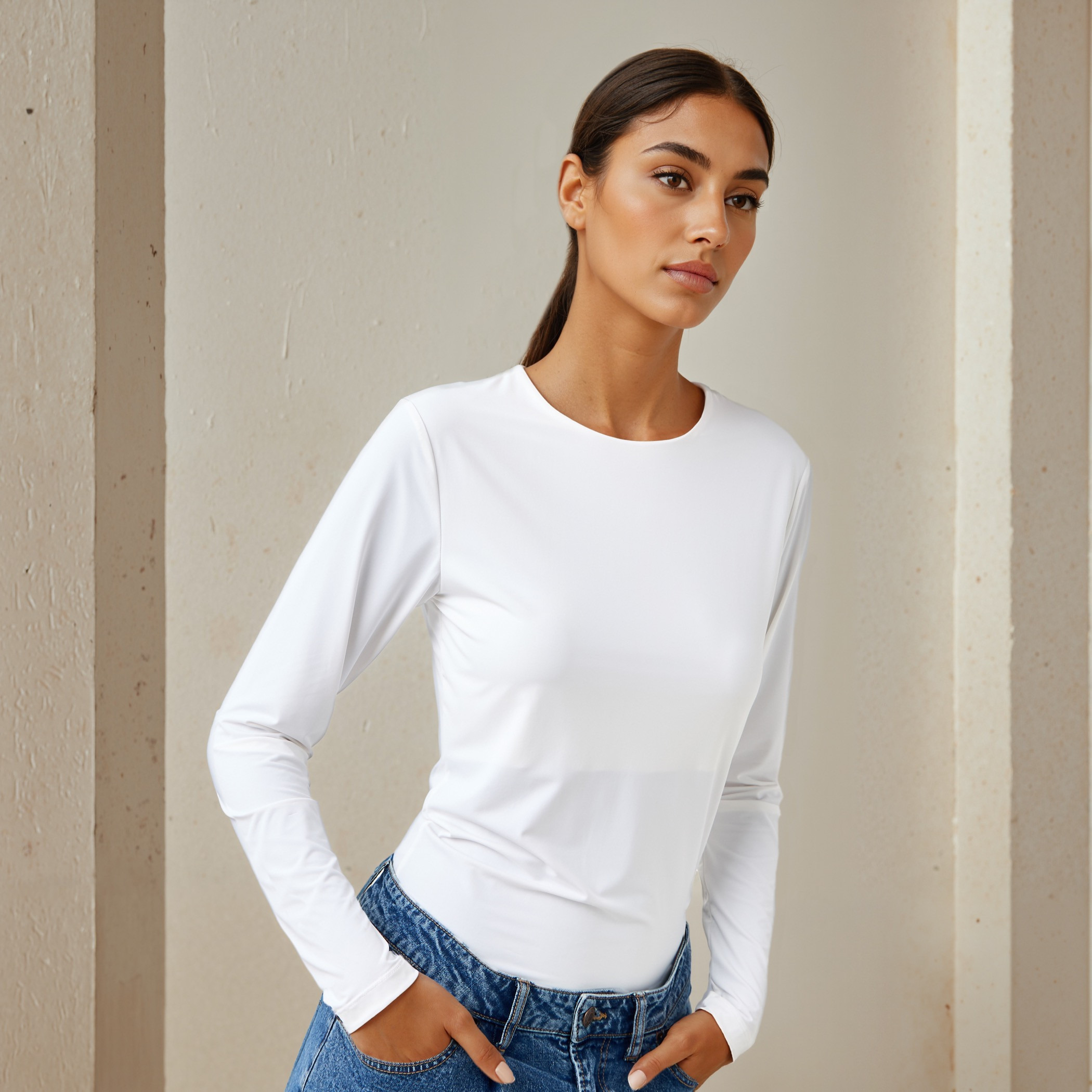 Crew Neck T-shirt with Long Sleeves-women-clothing-tshirts-image-1