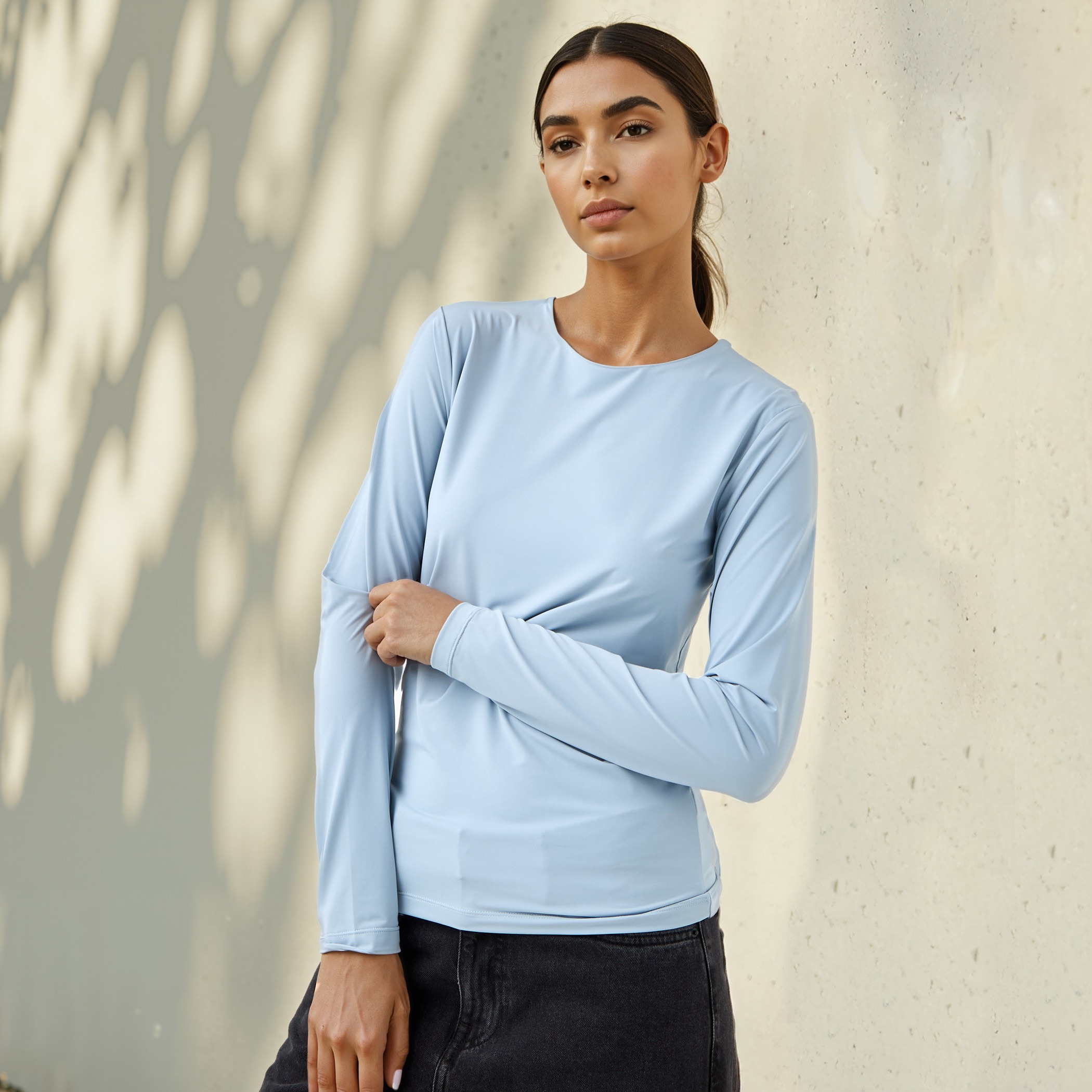 Crew Neck T-shirt with Long Sleeves-women-clothing-tshirts-image-1