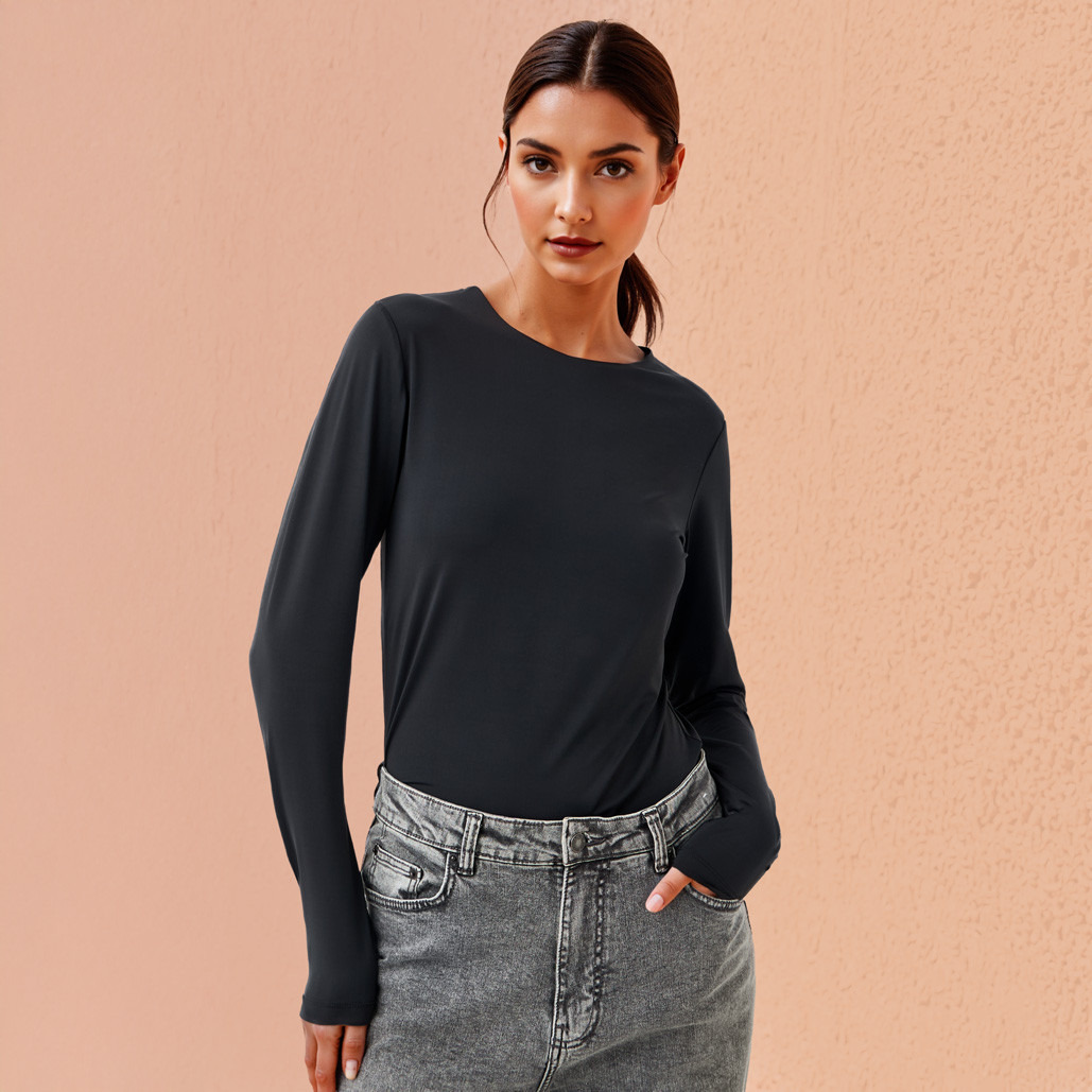 Crew Neck T-shirt with Long Sleeves-women-clothing-tshirts-image-1
