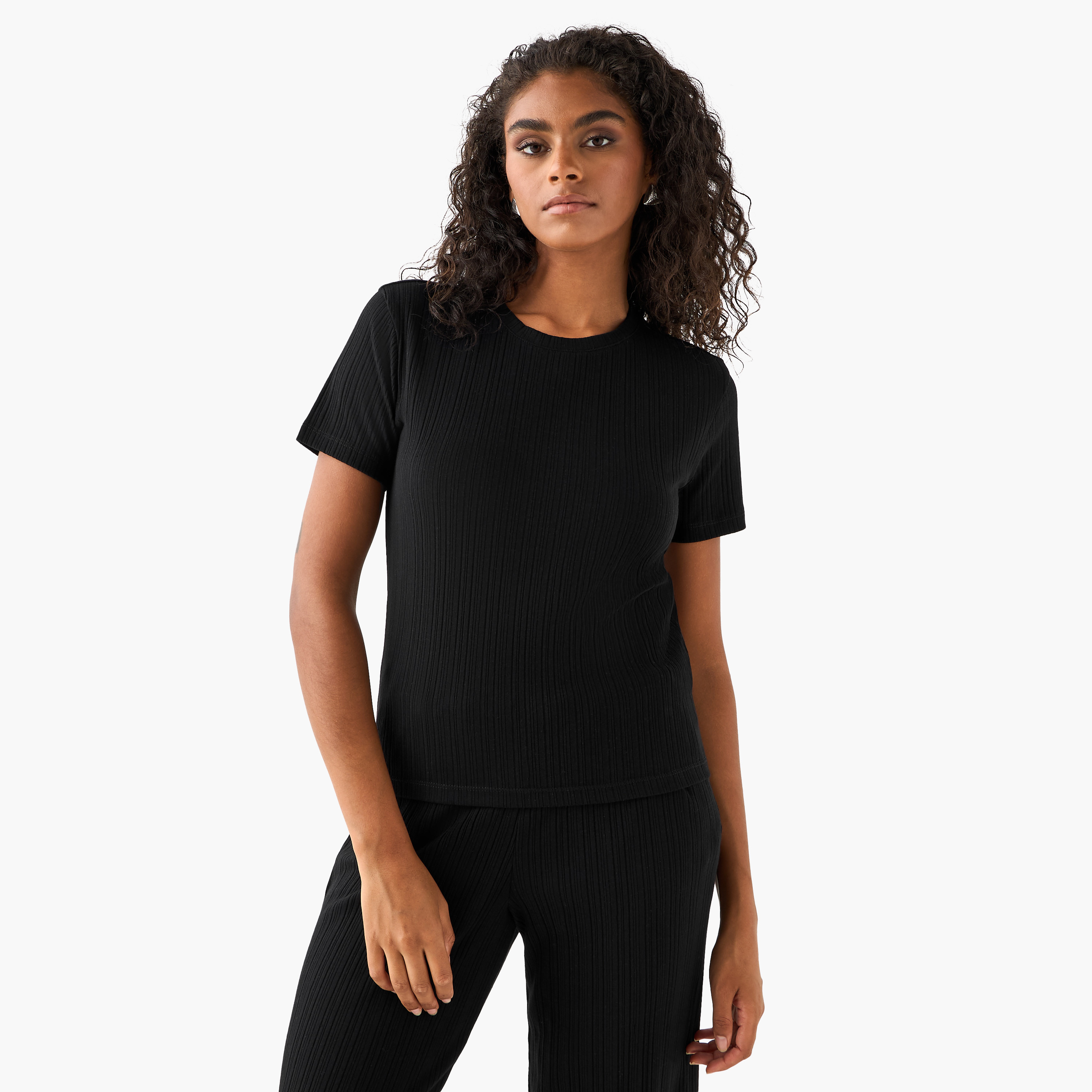 Ribbed Round Neck T-shirt-women-clothing-coordsets-image-1