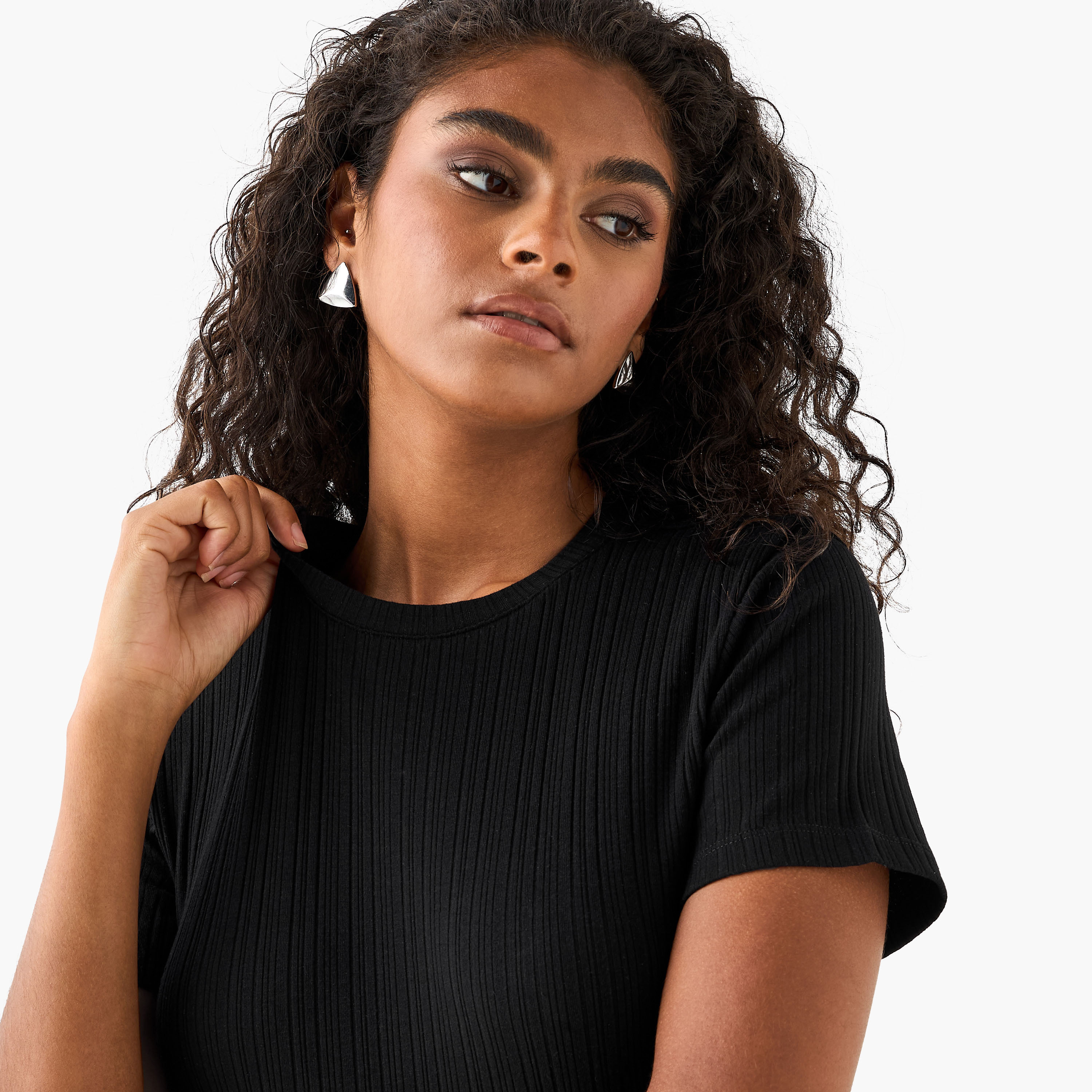 Ribbed Round Neck T-shirt-women-clothing-coordsets-image-4