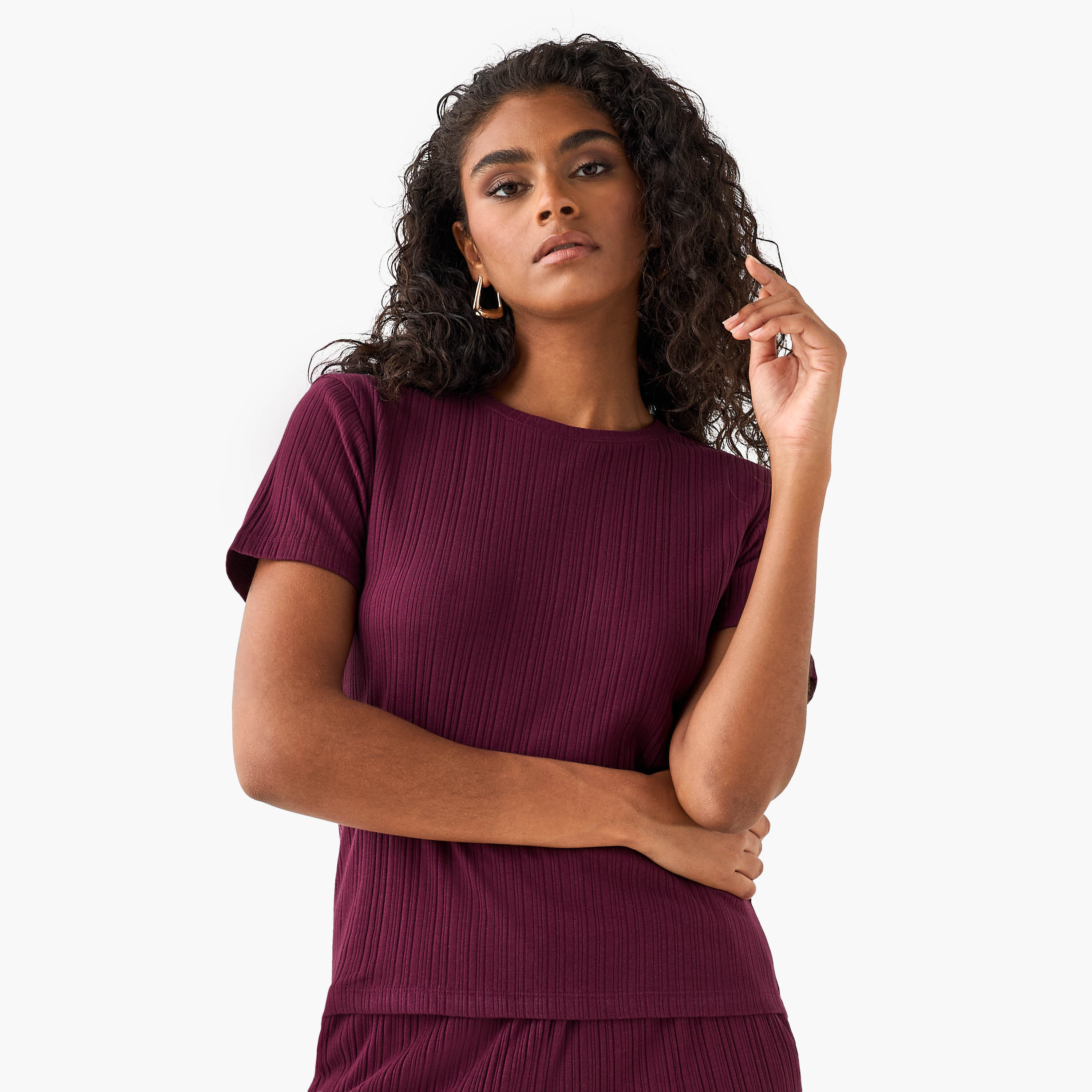 Ribbed Round Neck T-shirt-women-clothing-coordsets-image-1