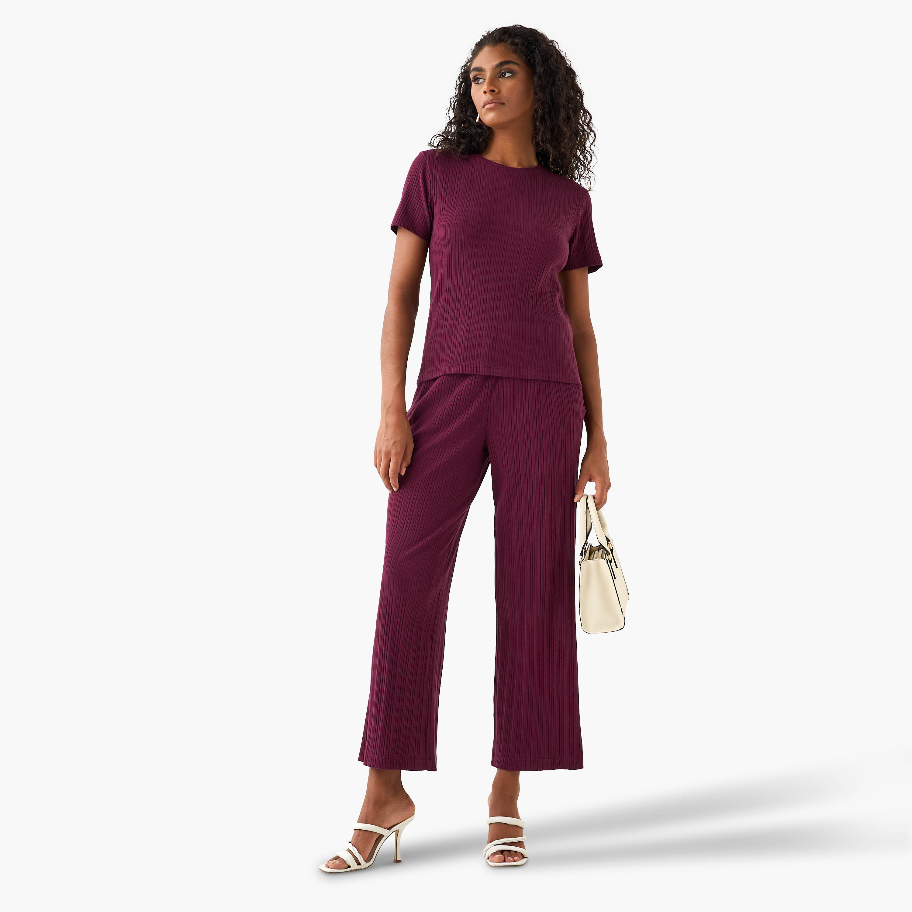 Ribbed Round Neck T-shirt-women-clothing-coordsets-image-2