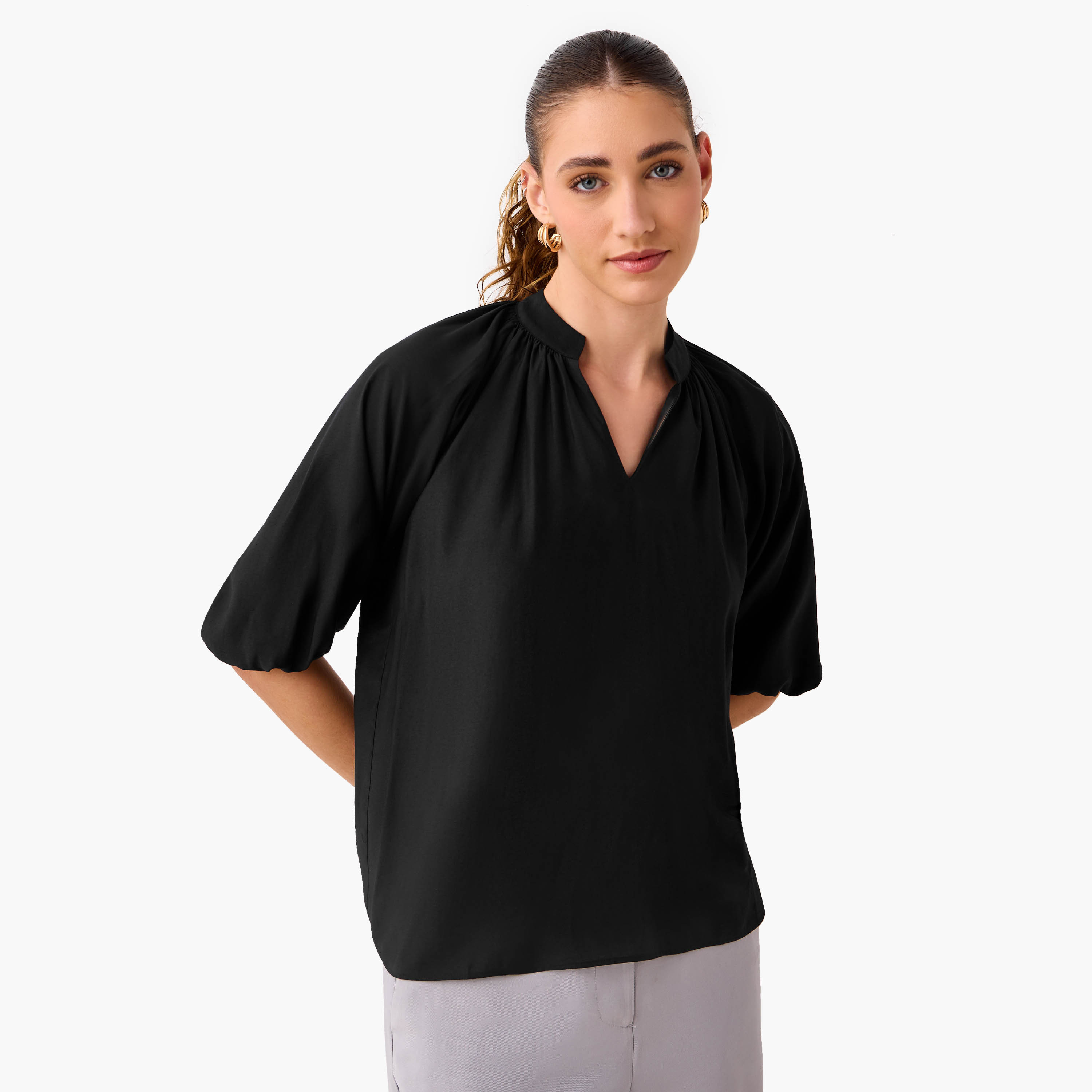 Mandarin Collar Balloon Sleeves Top-women-clothing-shirtsandblouses-blouses-image-1