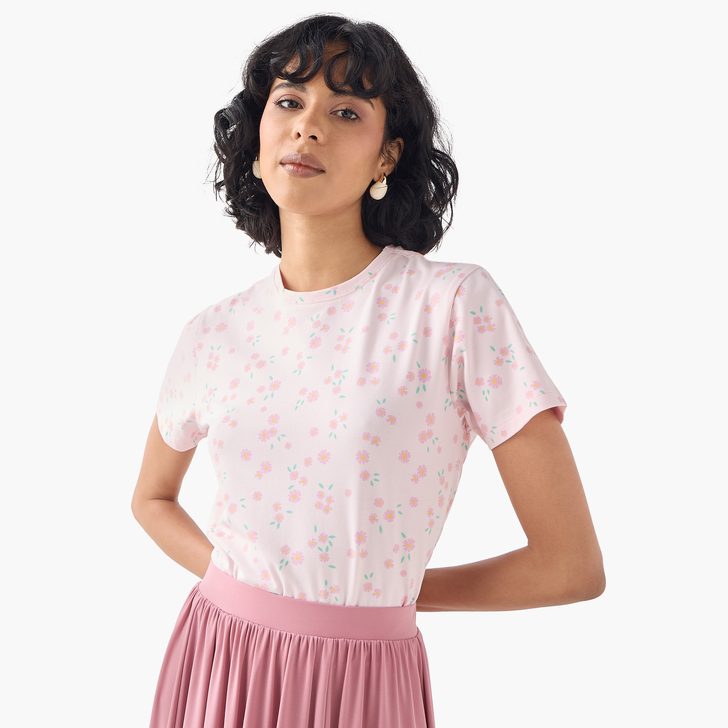 Floral Print Crew Neck T-shirt with Short Sleeves-women-clothing-tshirts-image-1