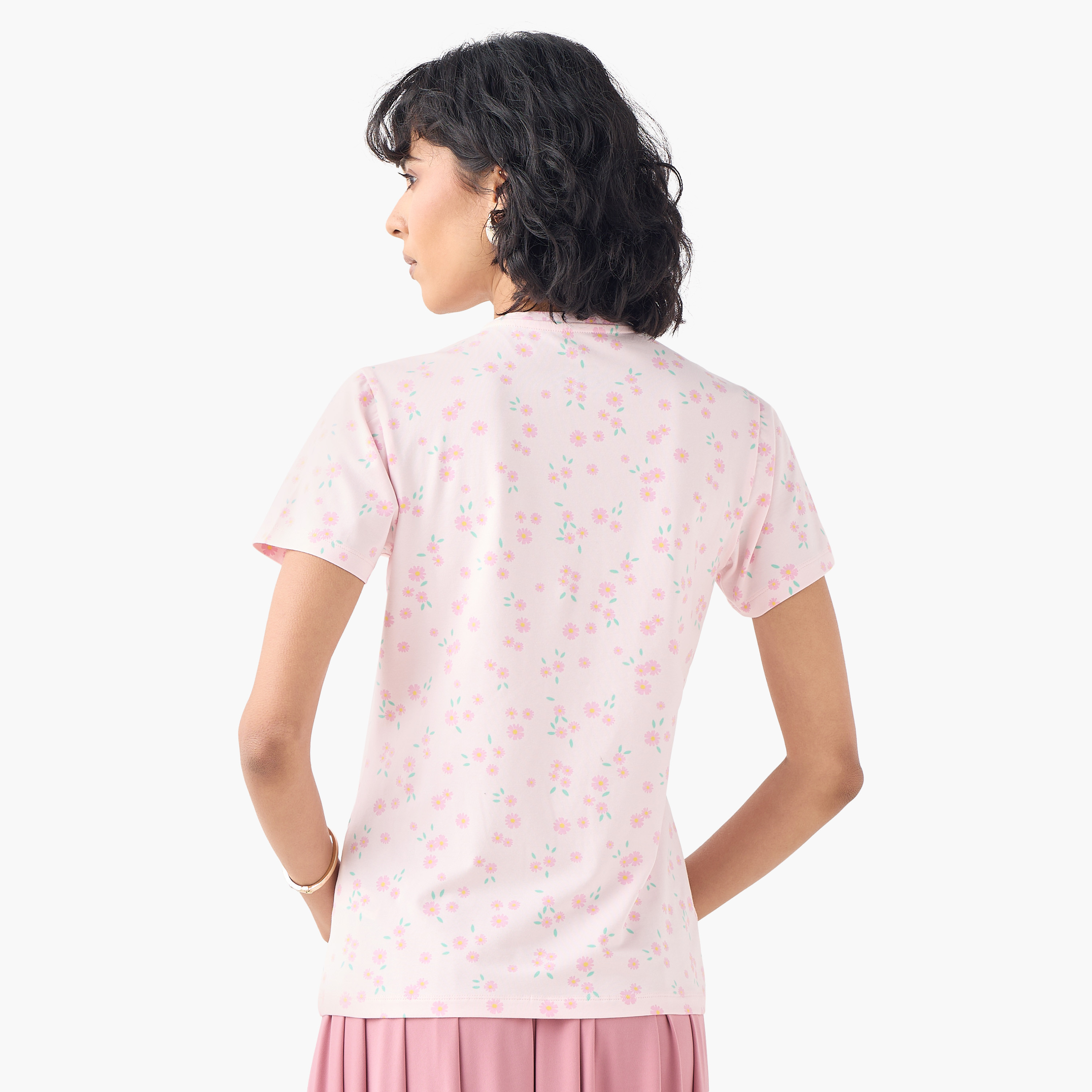 Floral Print Crew Neck T-shirt with Short Sleeves-women-clothing-tshirts-image-3