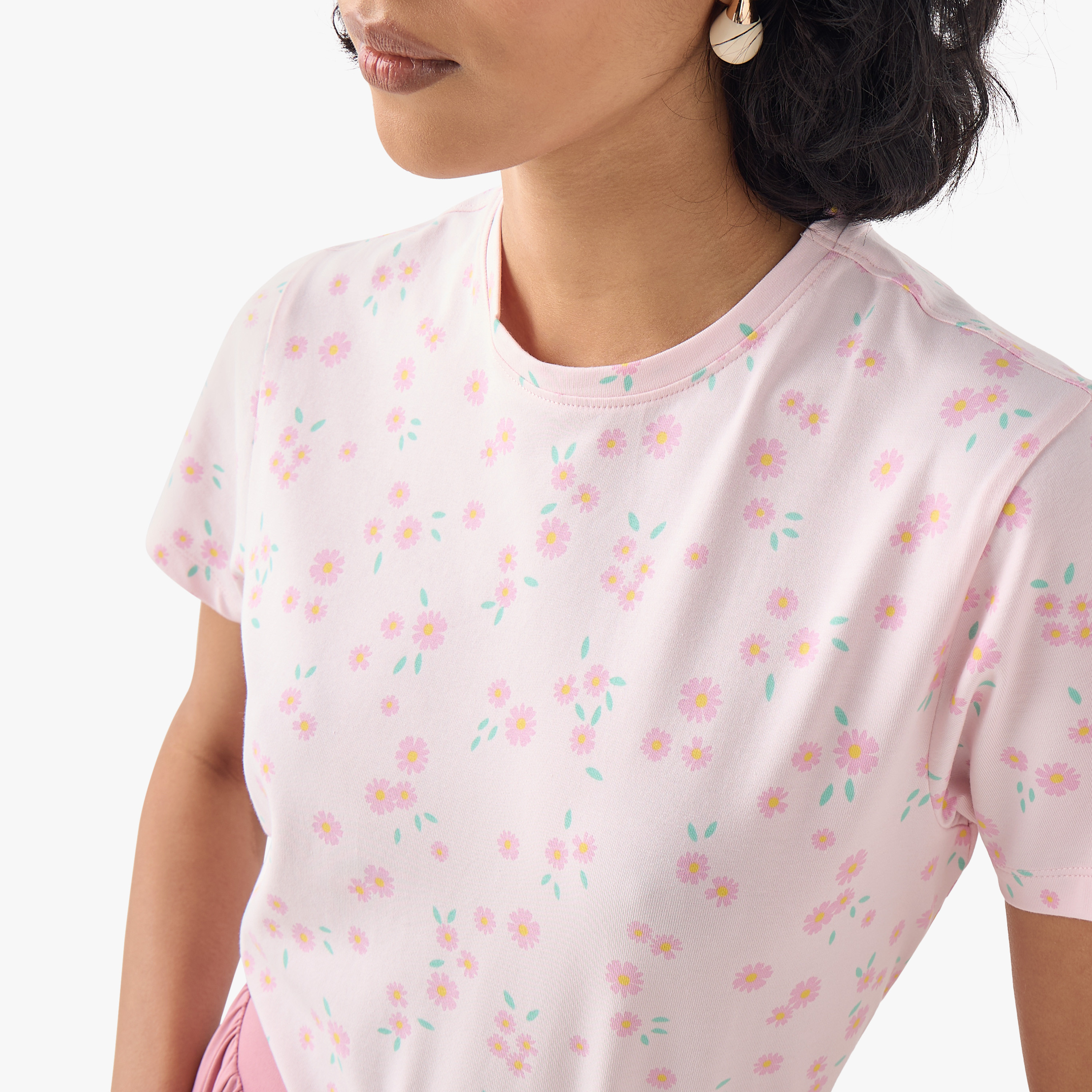 Floral Print Crew Neck T-shirt with Short Sleeves-women-clothing-tshirts-image-4