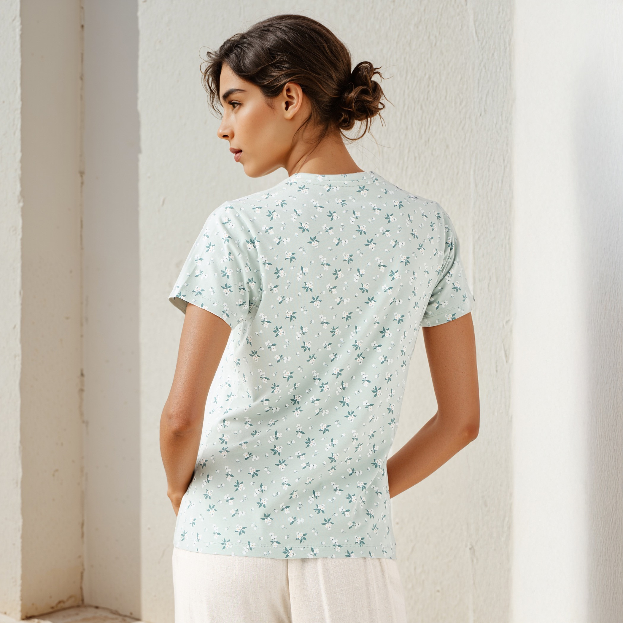 Floral Print Crew Neck T-shirt with Short Sleeves-women-clothing-tshirts-image-3
