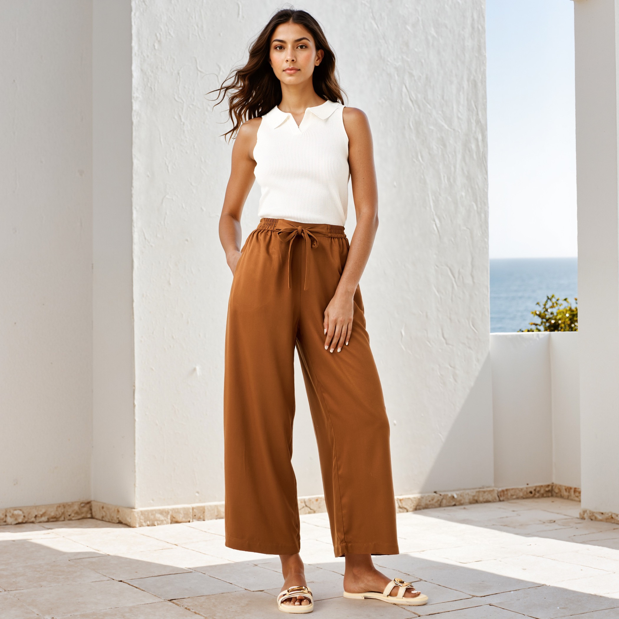 بنطلون بالازو بقصّة مريحة وخصر مطاطي وجيوب وحزام رباط-women-clothing-trousers-image-7