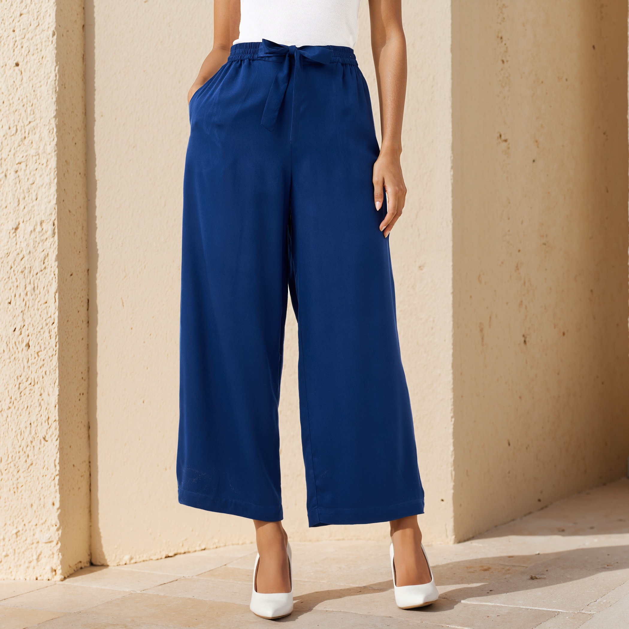 Relaxed Fit Flexi Waist Palazzo Pants with Tie-Up Belt and Pockets-women-clothing-trousers-image-1
