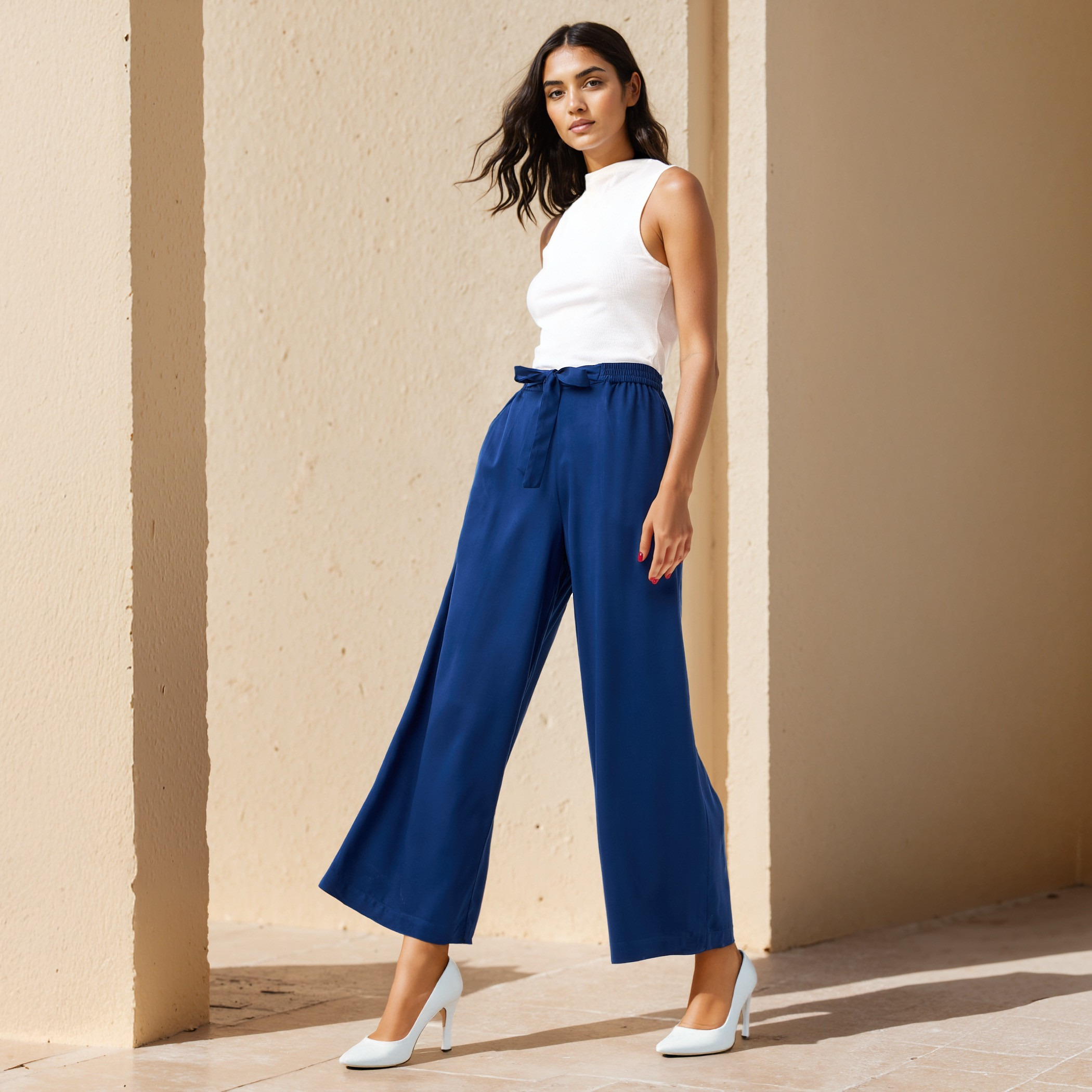 Relaxed Fit Flexi Waist Palazzo Pants with Tie-Up Belt and Pockets-women-clothing-trousers-image-2