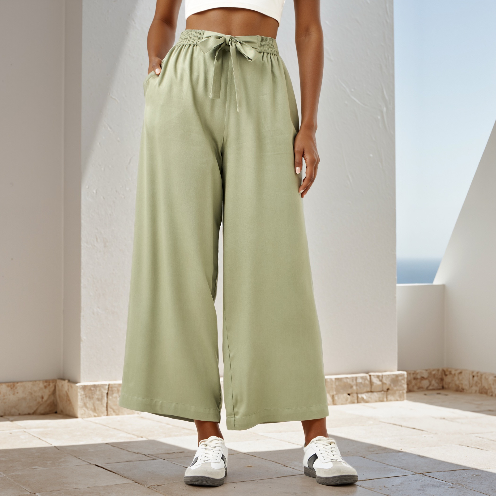 Relaxed Fit Flexi Waist Palazzo Pants with Tie-Up Belt and Pockets-women-clothing-trousers-image-1