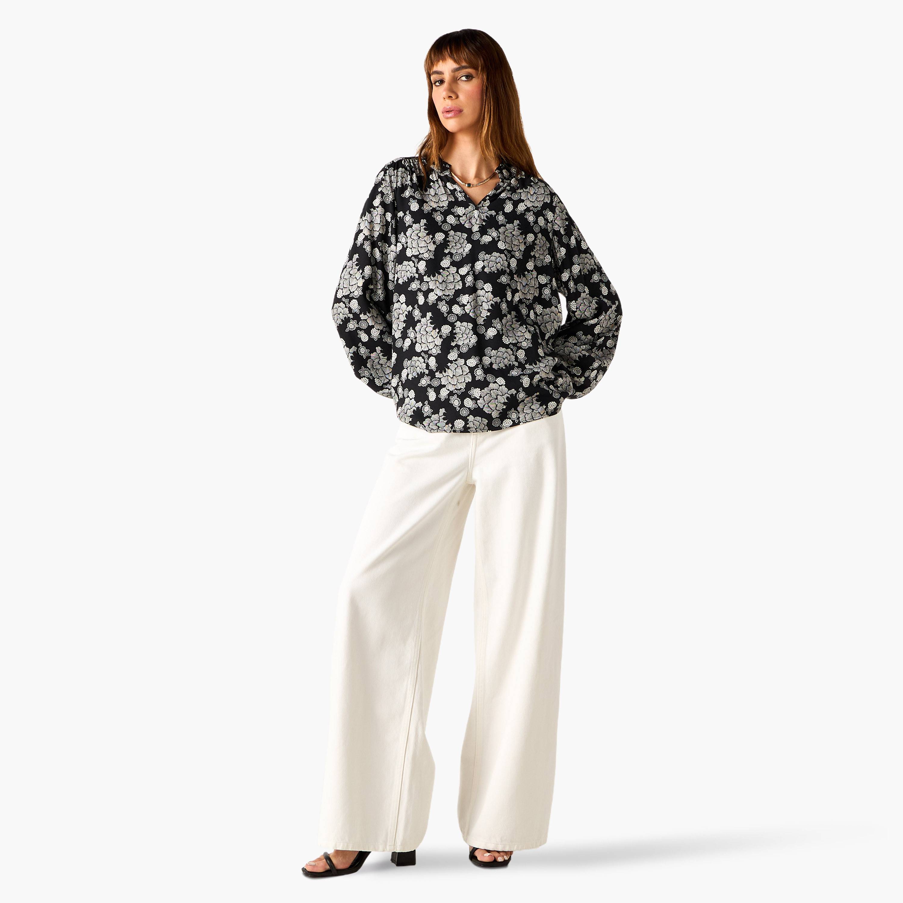 Floral Print Top with V-neck and Long Sleeves-women-clothing-shirtsandblouses-blouses-image-2