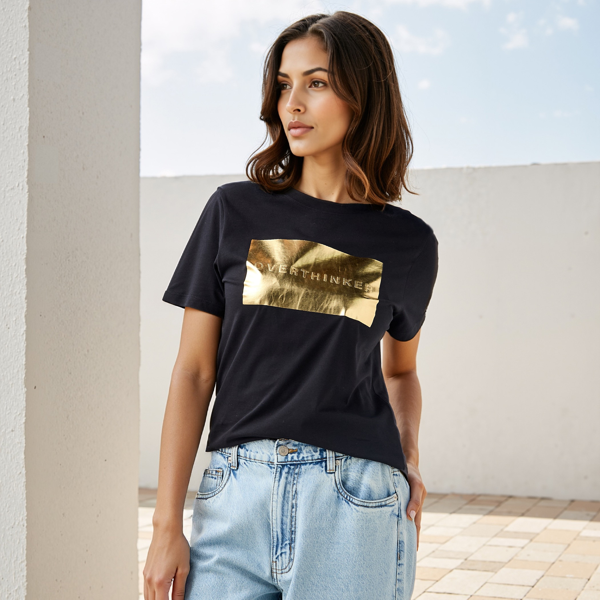 Foil Print Crew Neck T-shirt-women-clothing-tshirts-image-2
