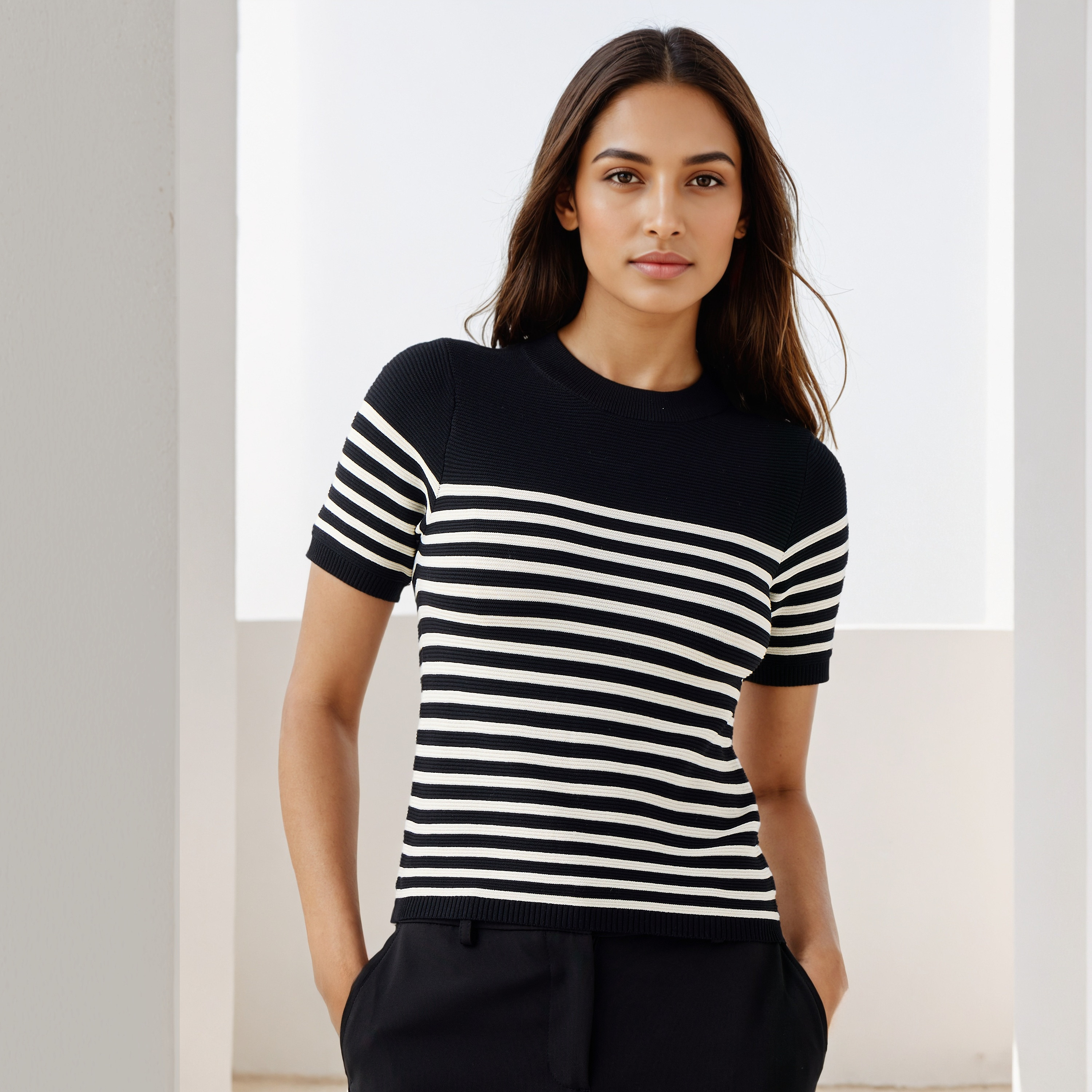 Striped Knit Top with Short Sleeves-women-clothing-cardigansandjumpers-jumpers-image-1