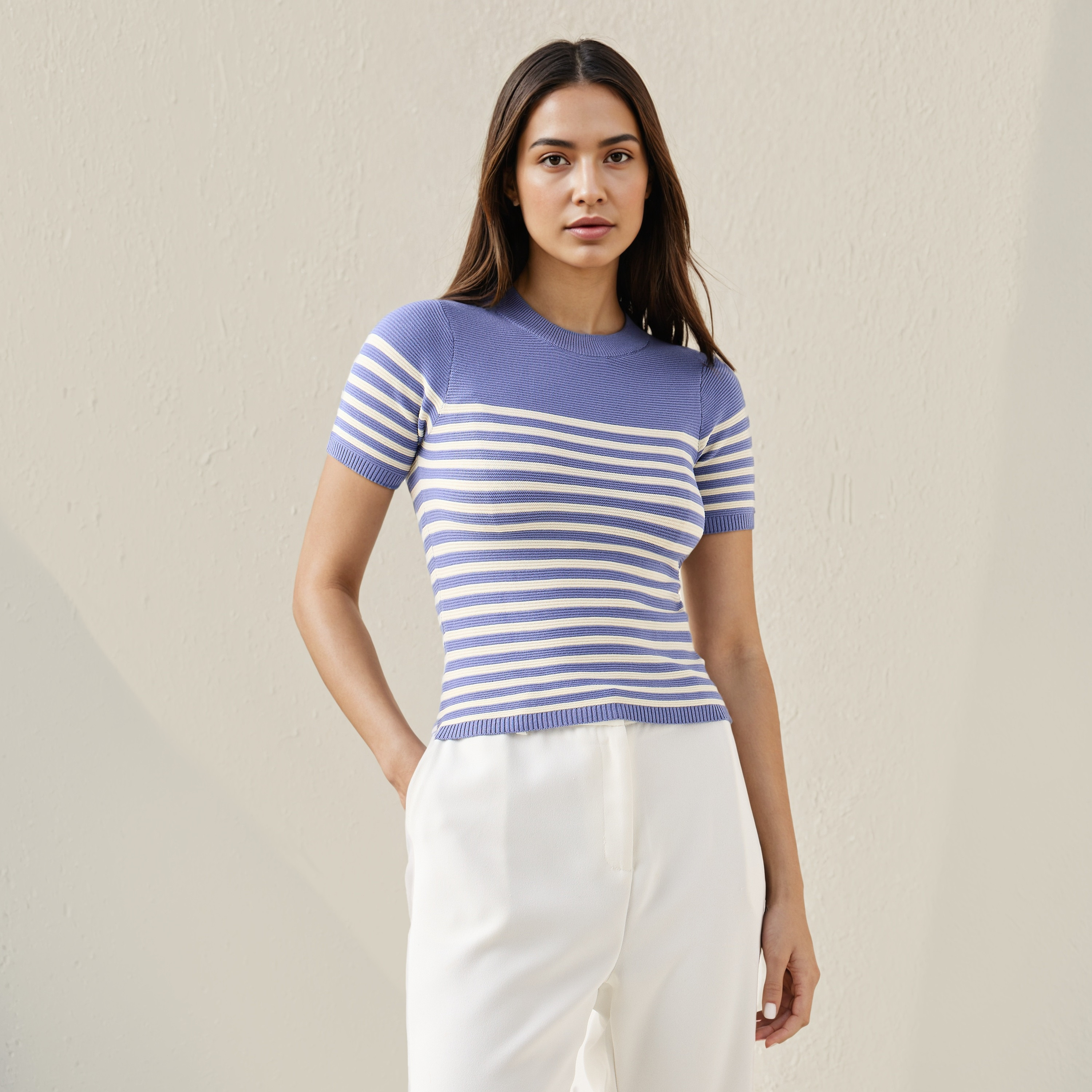 Striped Knit Top with Short Sleeves-women-clothing-cardigansandjumpers-jumpers-image-1