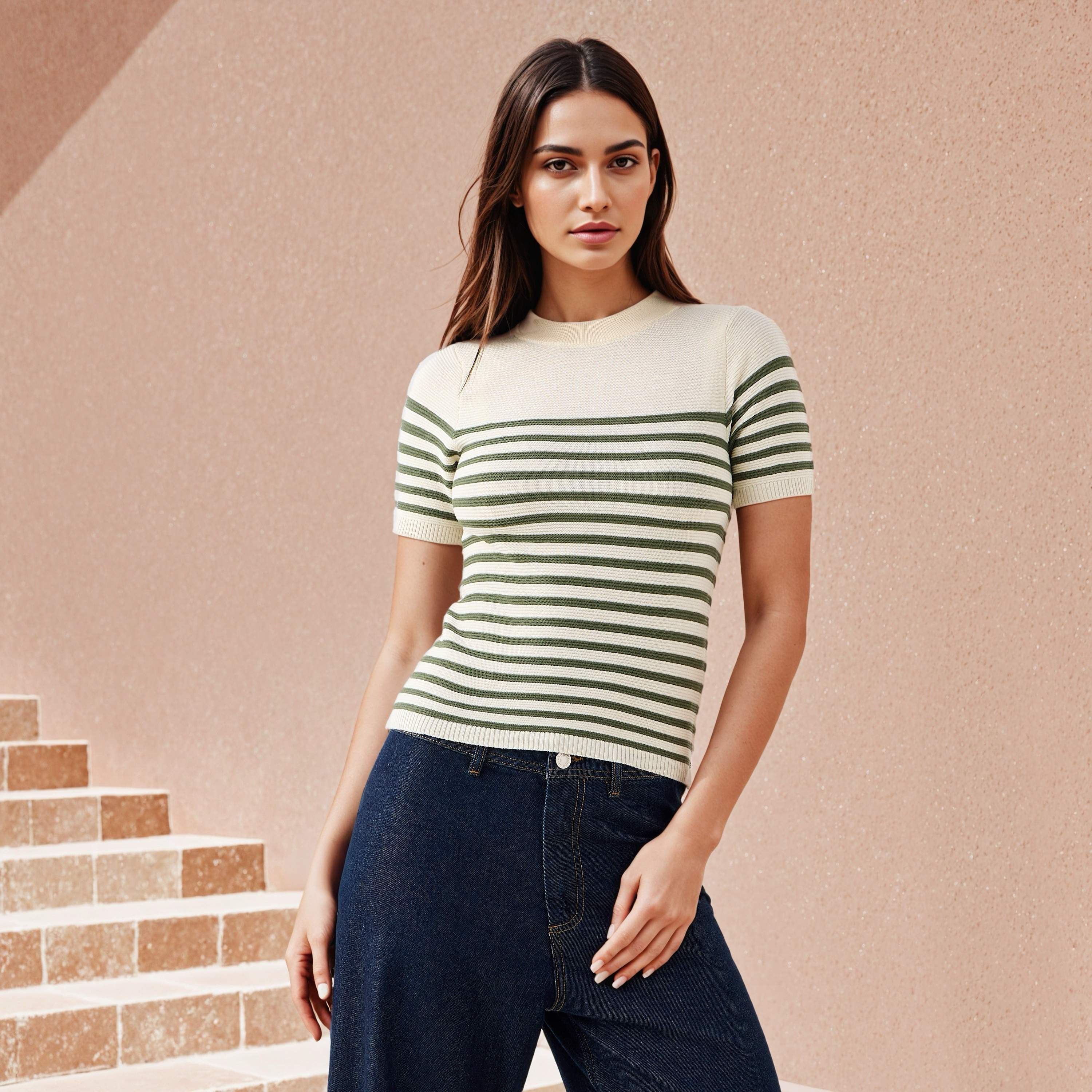 Striped Knit Top with Short Sleeves-women-clothing-cardigansandjumpers-jumpers-image-1