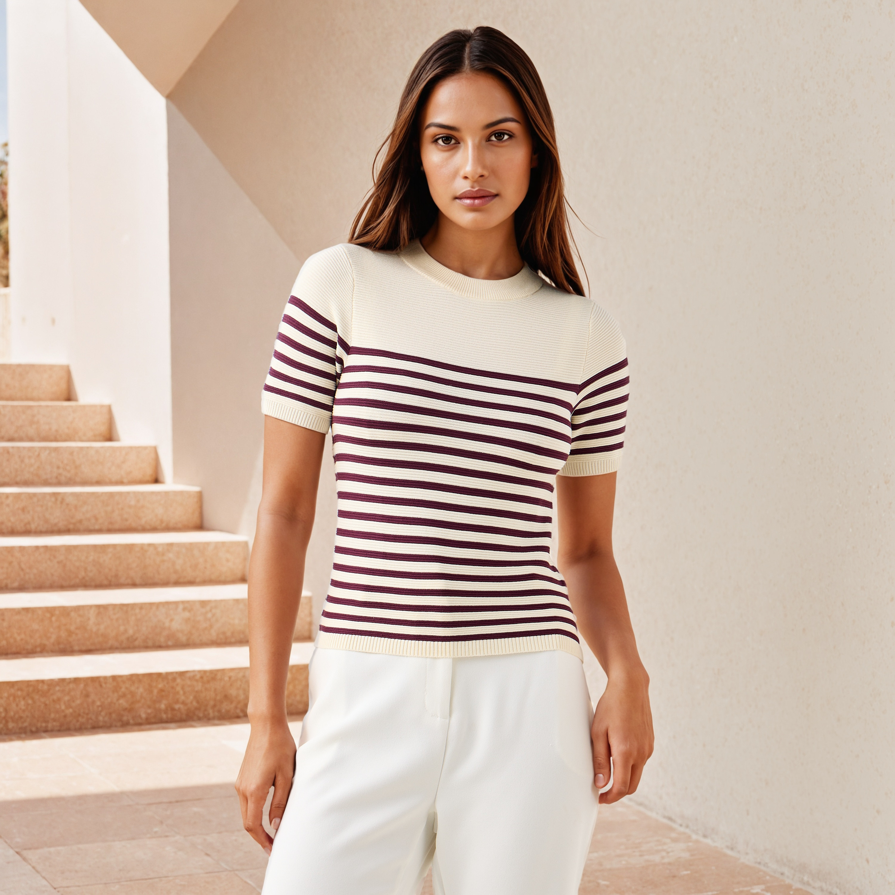 Striped Knit Top with Short Sleeves-women-clothing-cardigansandjumpers-jumpers-image-1