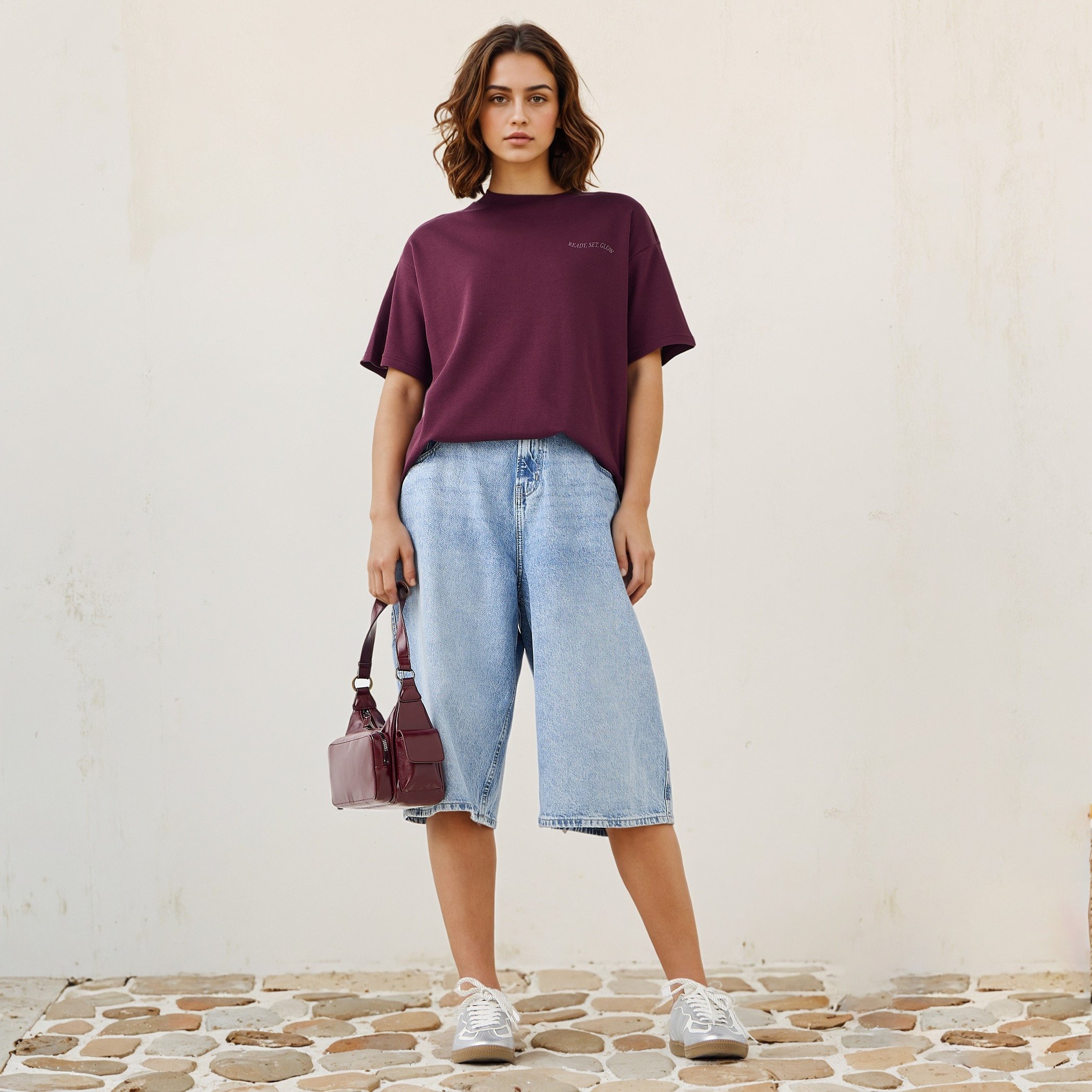 تيشيرت بوكسي قطن بياقة ضيقة وطبعات شعار-women-clothing-tshirts-image-2