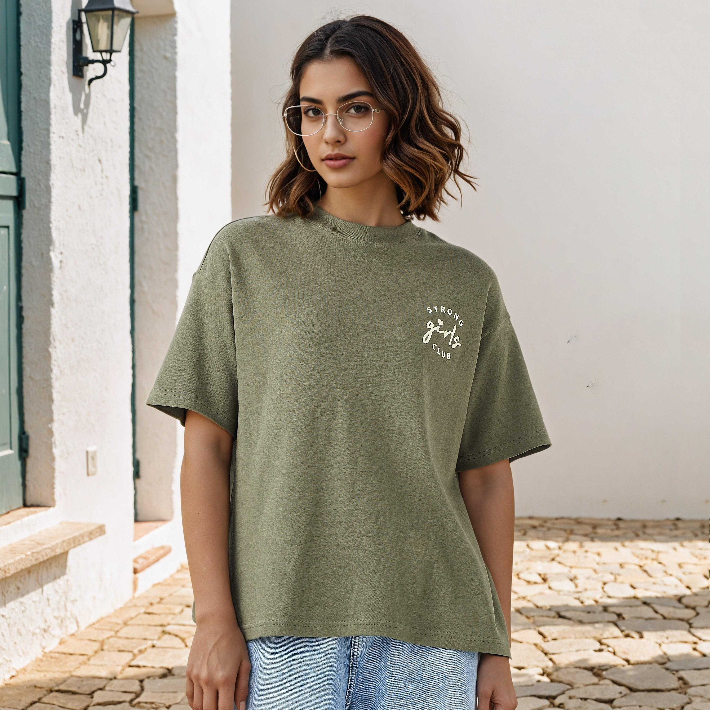 تيشيرت بوكسي قطن بياقة ضيقة وطبعات شعار-women-clothing-tshirts-image-1