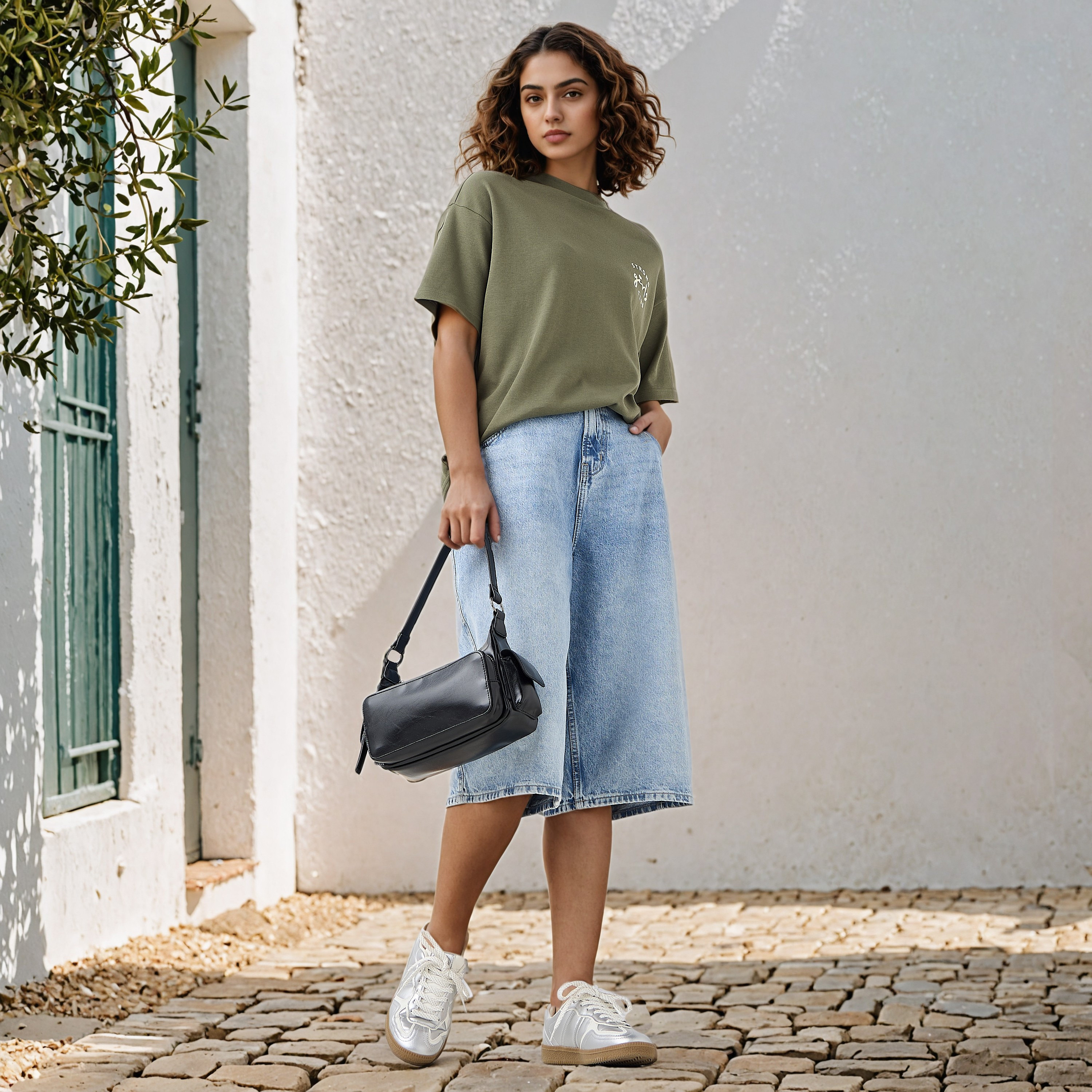 تيشيرت بوكسي قطن بياقة ضيقة وطبعات شعار-women-clothing-tshirts-image-2