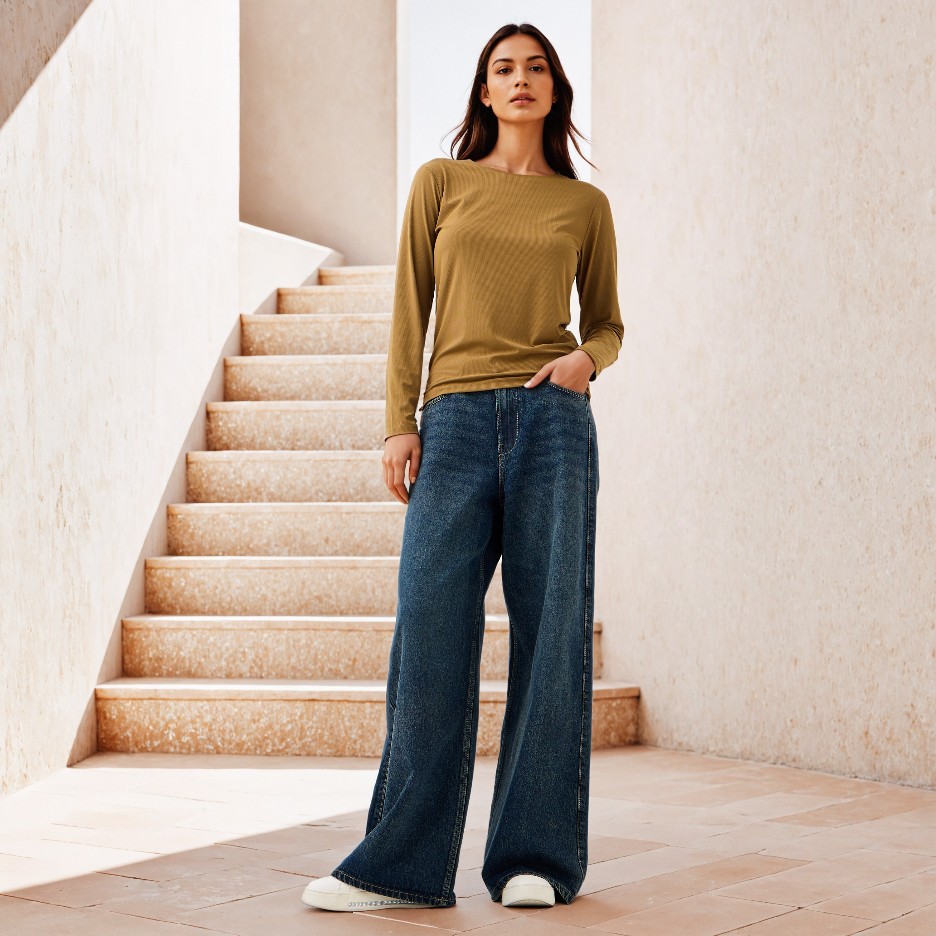 تيشيرت مضلع بياقة ضيقة-women-clothing-tshirts-image-2