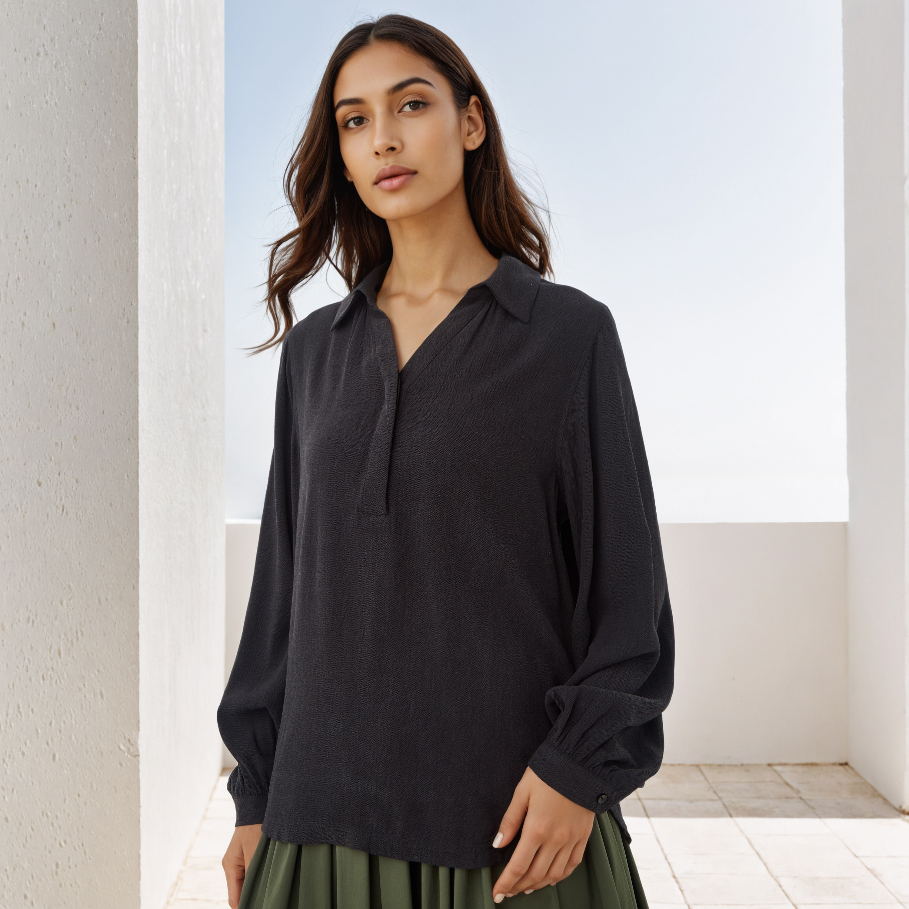 بلوزة بارزة الملمس بقصّة عادية وياقة عادية-women-clothing-shirtsandblouses-blouses-image-1