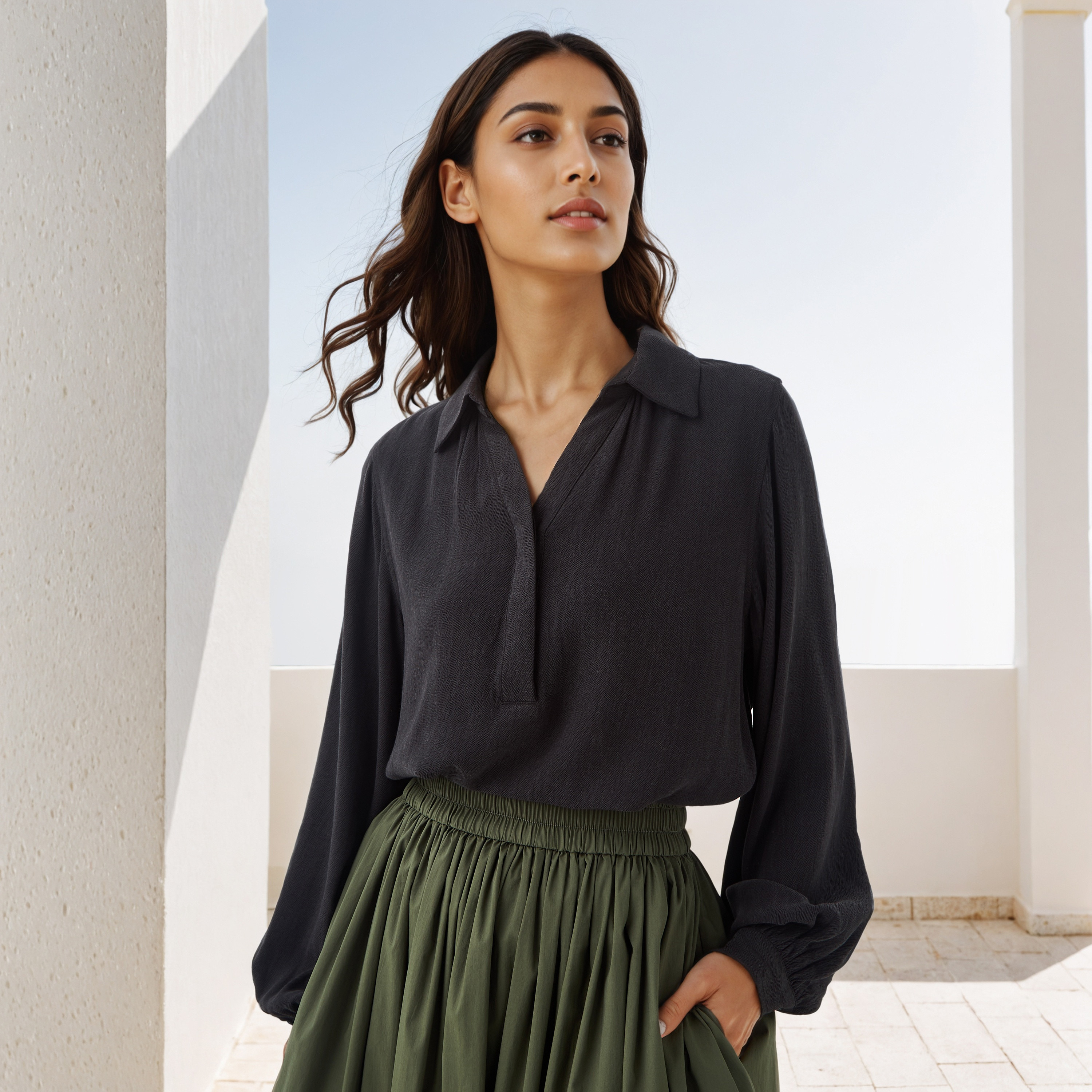 بلوزة بارزة الملمس بقصّة عادية وياقة عادية-women-clothing-shirtsandblouses-blouses-image-3