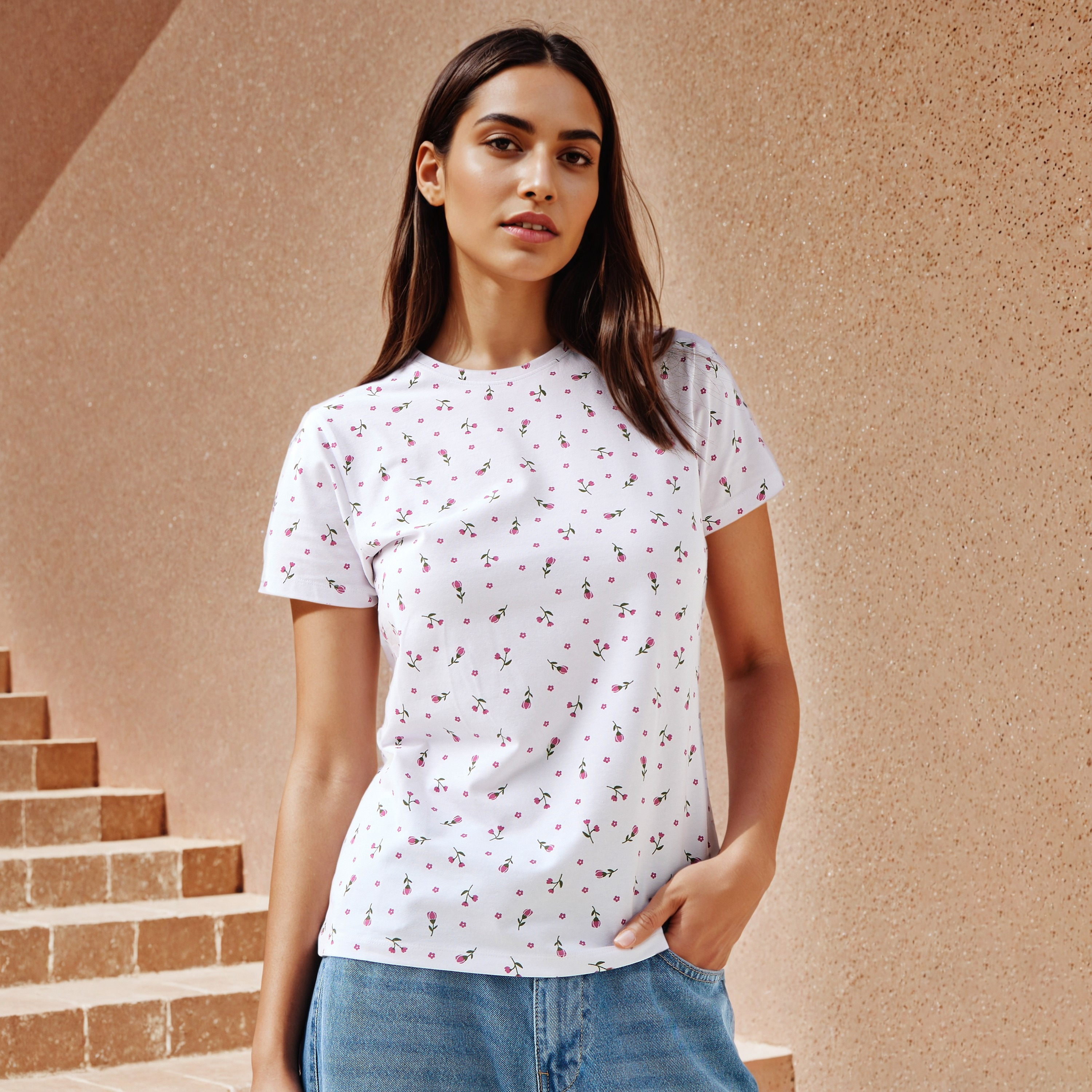 Floral Print Crew Neck T-shirt-women-clothing-tshirts-image-1