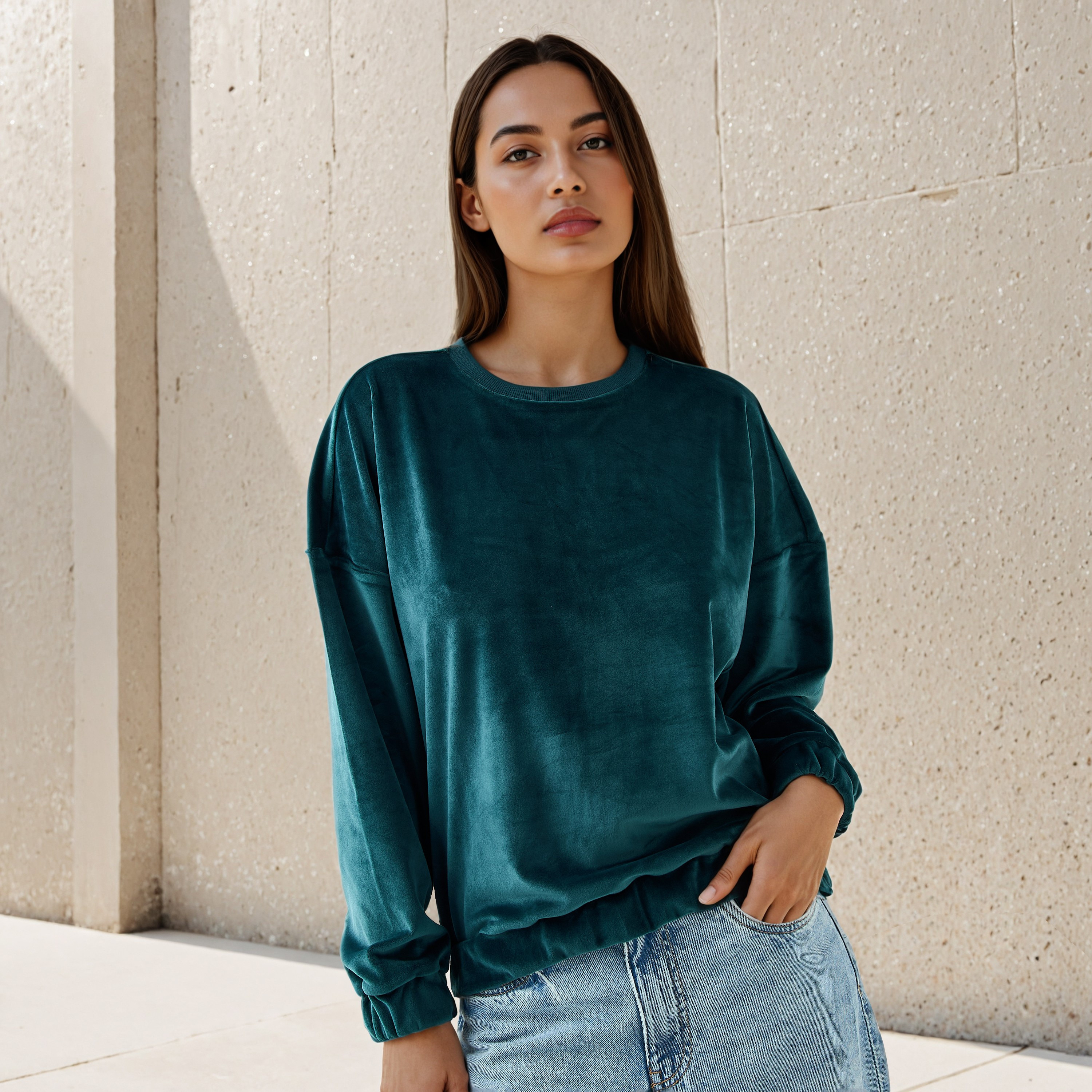 Regular Fit Velour Sweatshirt-women-winterwear-hoodiesandsweatshirts-sweatshirts-image-1