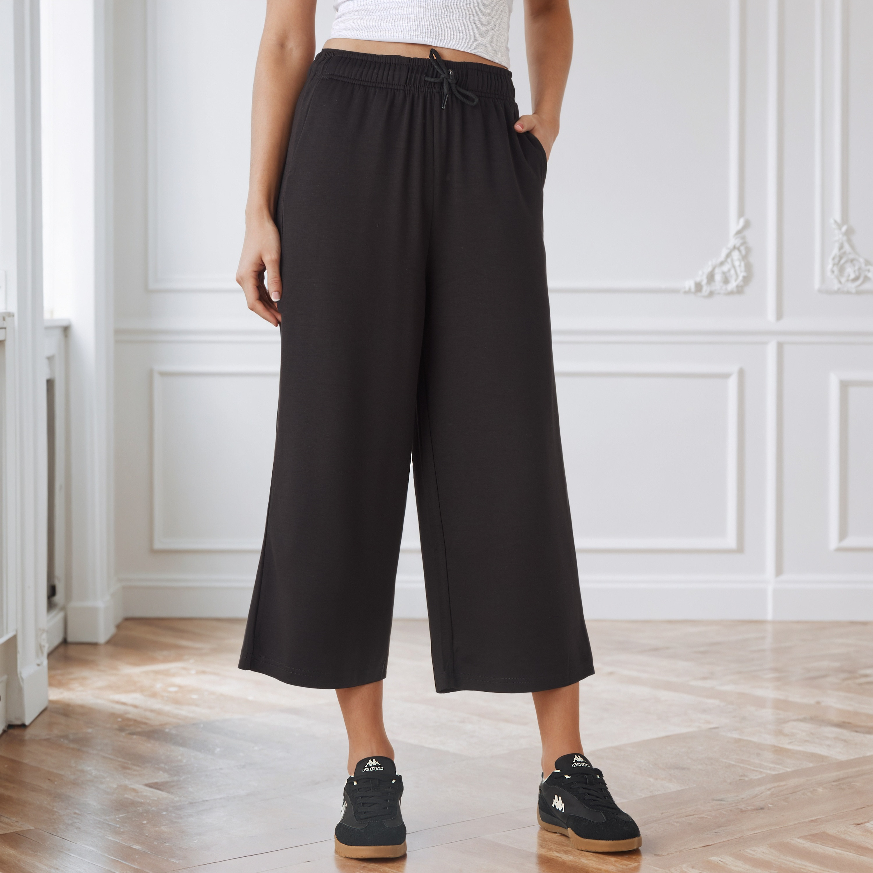 Wide Leg Drawstring Waist Flexi Waist Culottes-women-clothing-bottoms-joggers-image-1