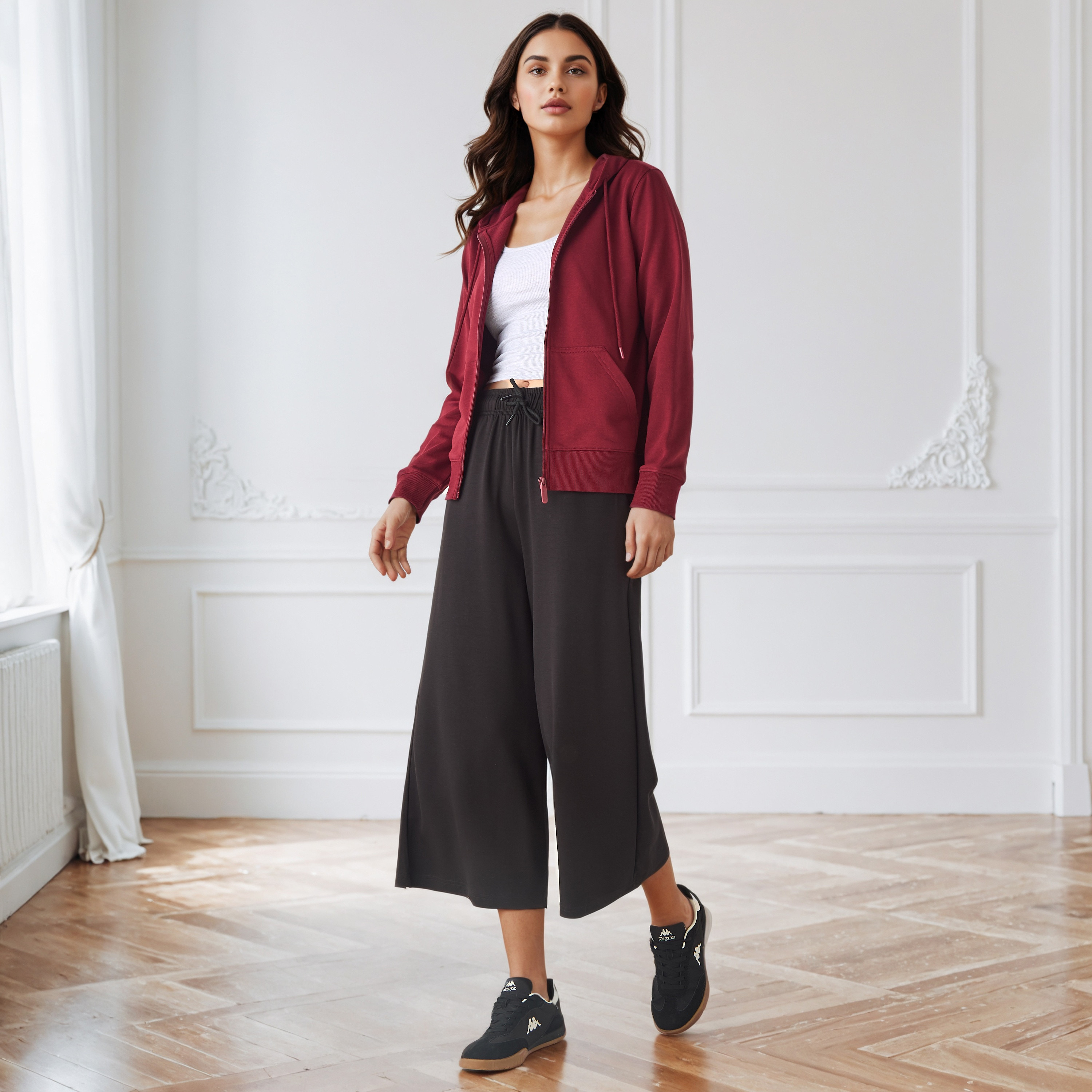 Wide Leg Drawstring Waist Flexi Waist Culottes-women-clothing-bottoms-joggers-image-2