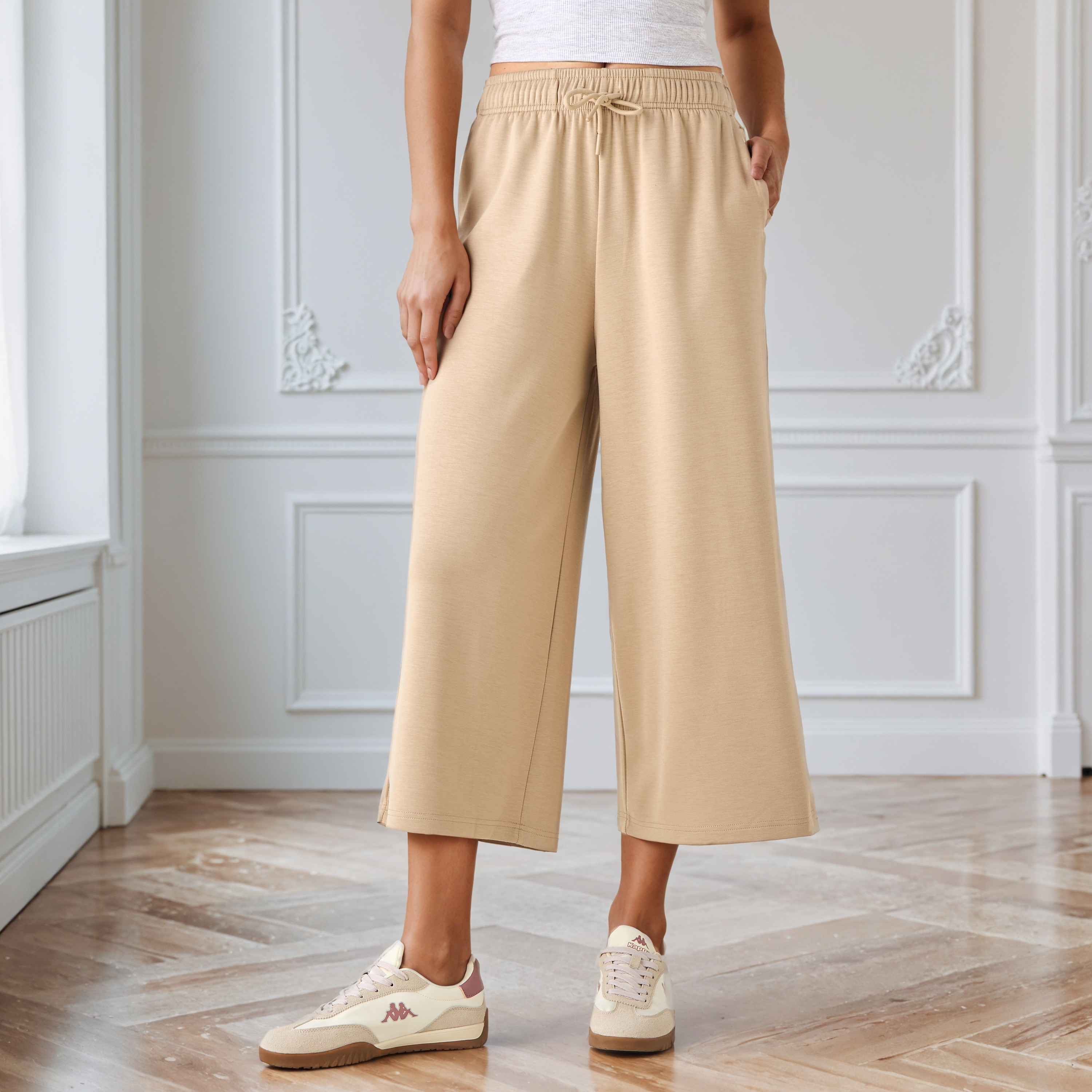 Wide Leg Drawstring Waist Flexi Waist Culottes-women-clothing-bottoms-joggers-image-1