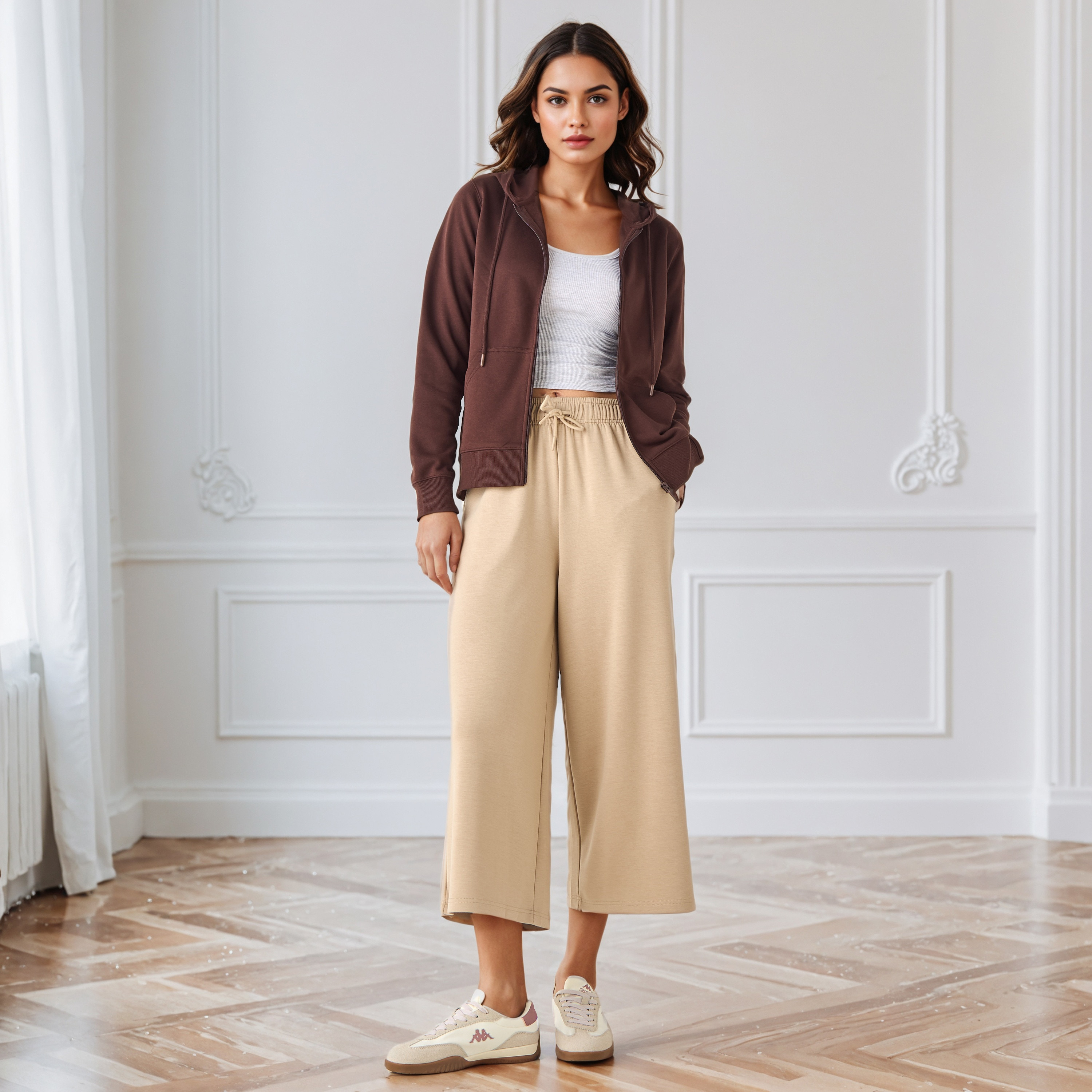 Wide Leg Drawstring Waist Flexi Waist Culottes-women-clothing-bottoms-joggers-image-2