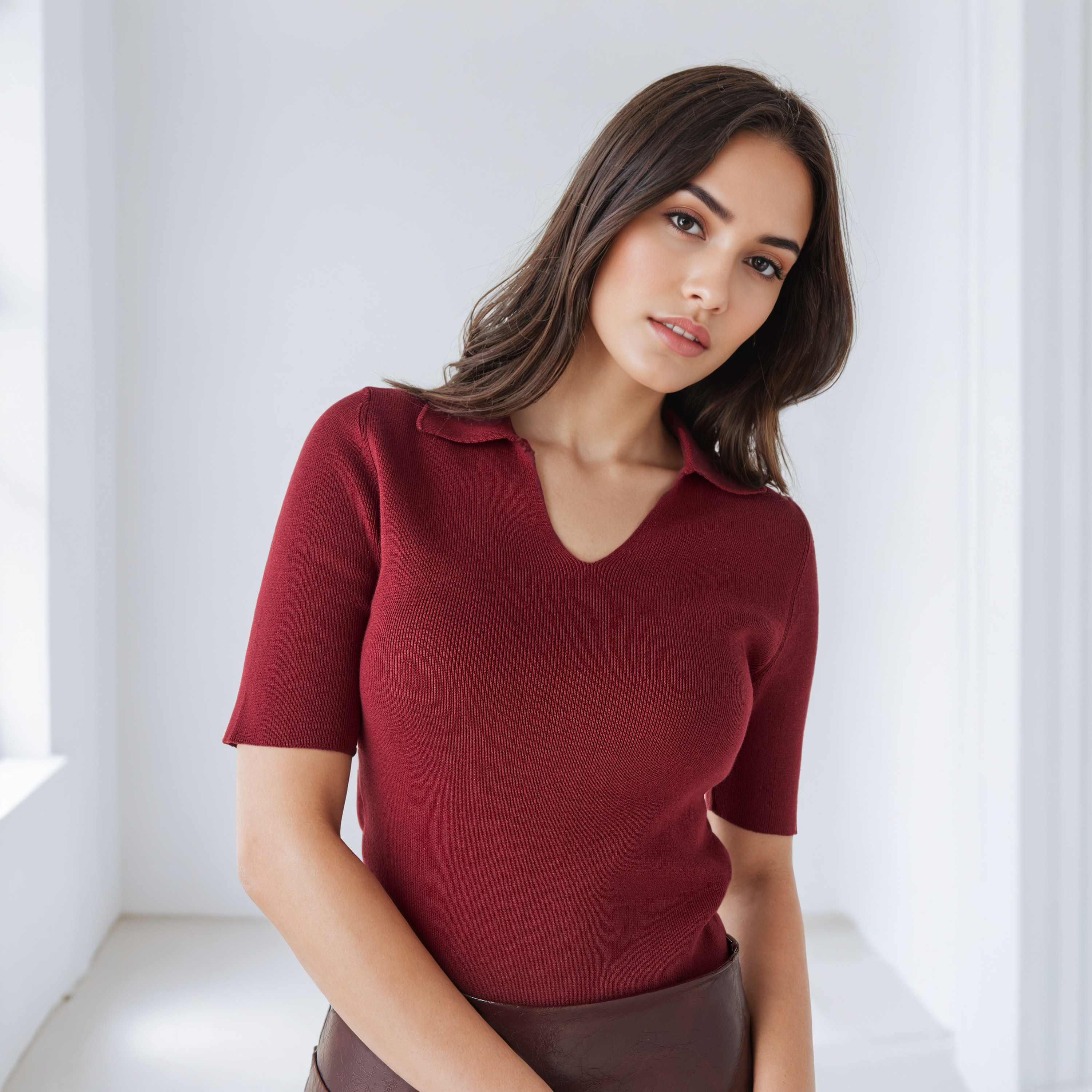 تيشيرت بولو بارز الملمس بياقة V-women-clothing-tshirts-image-6