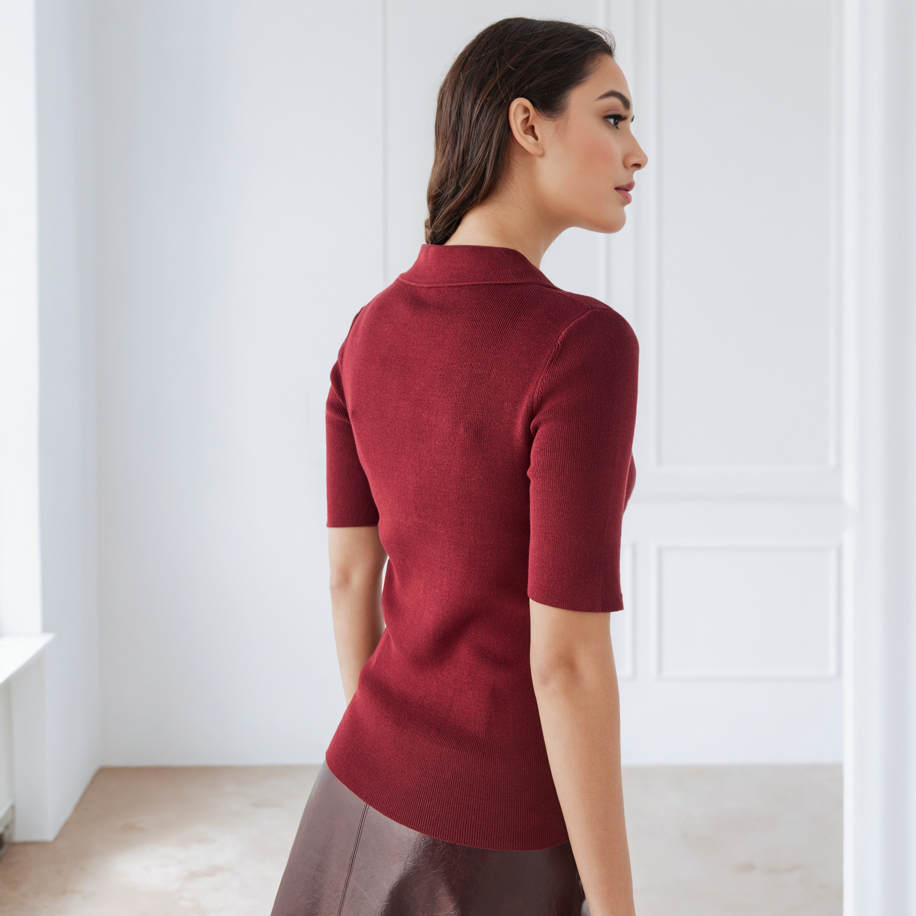 تيشيرت بولو بارز الملمس بياقة V-women-clothing-tshirts-image-8
