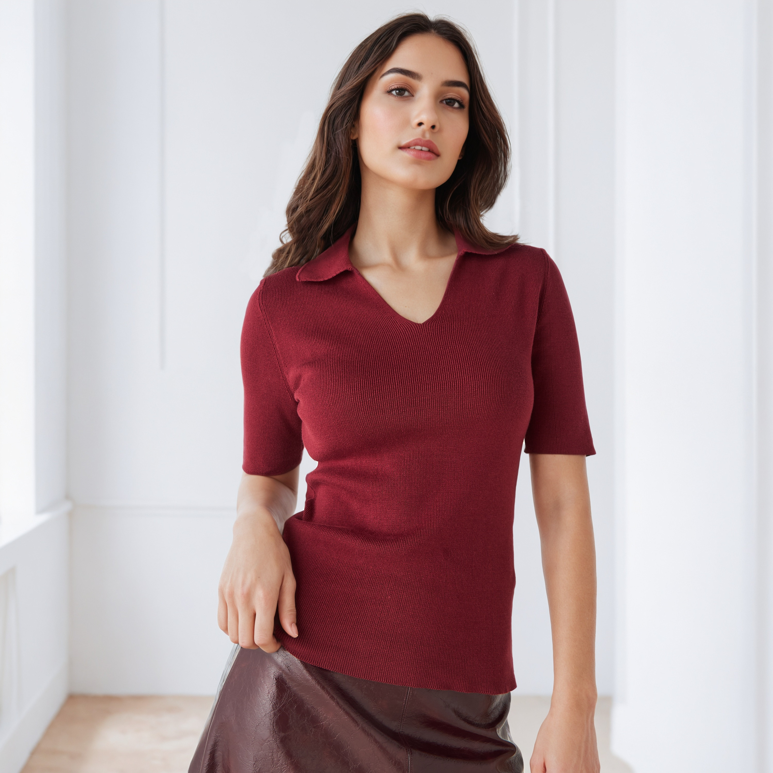 Textured V-neck Polo T-shirt-women-clothing-tshirts-image-5