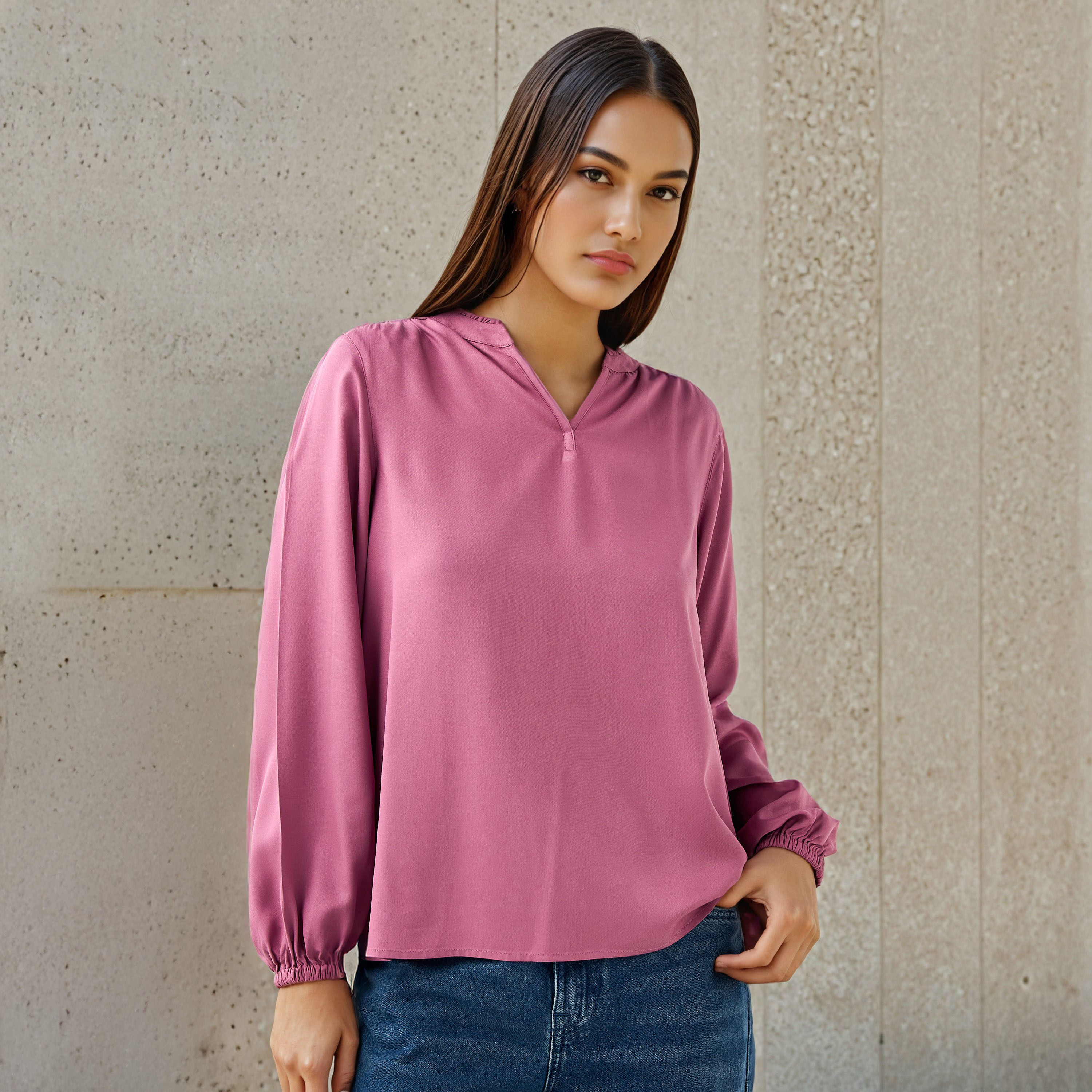 Regular Fit Mandarin Collar Top-women-clothing-shirtsandblouses-blouses-image-1