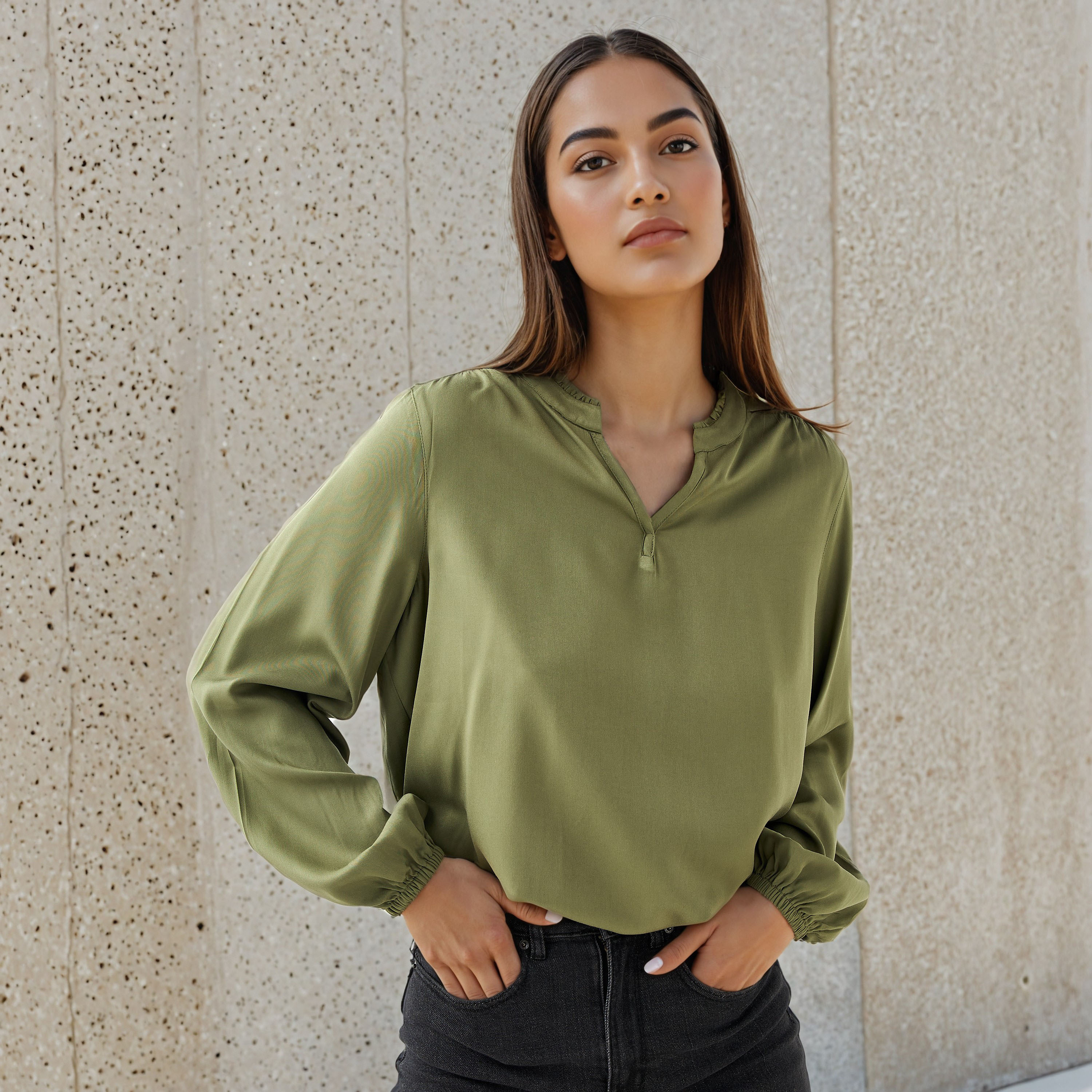 Regular Fit Mandarin Collar Top-women-clothing-shirtsandblouses-blouses-image-1