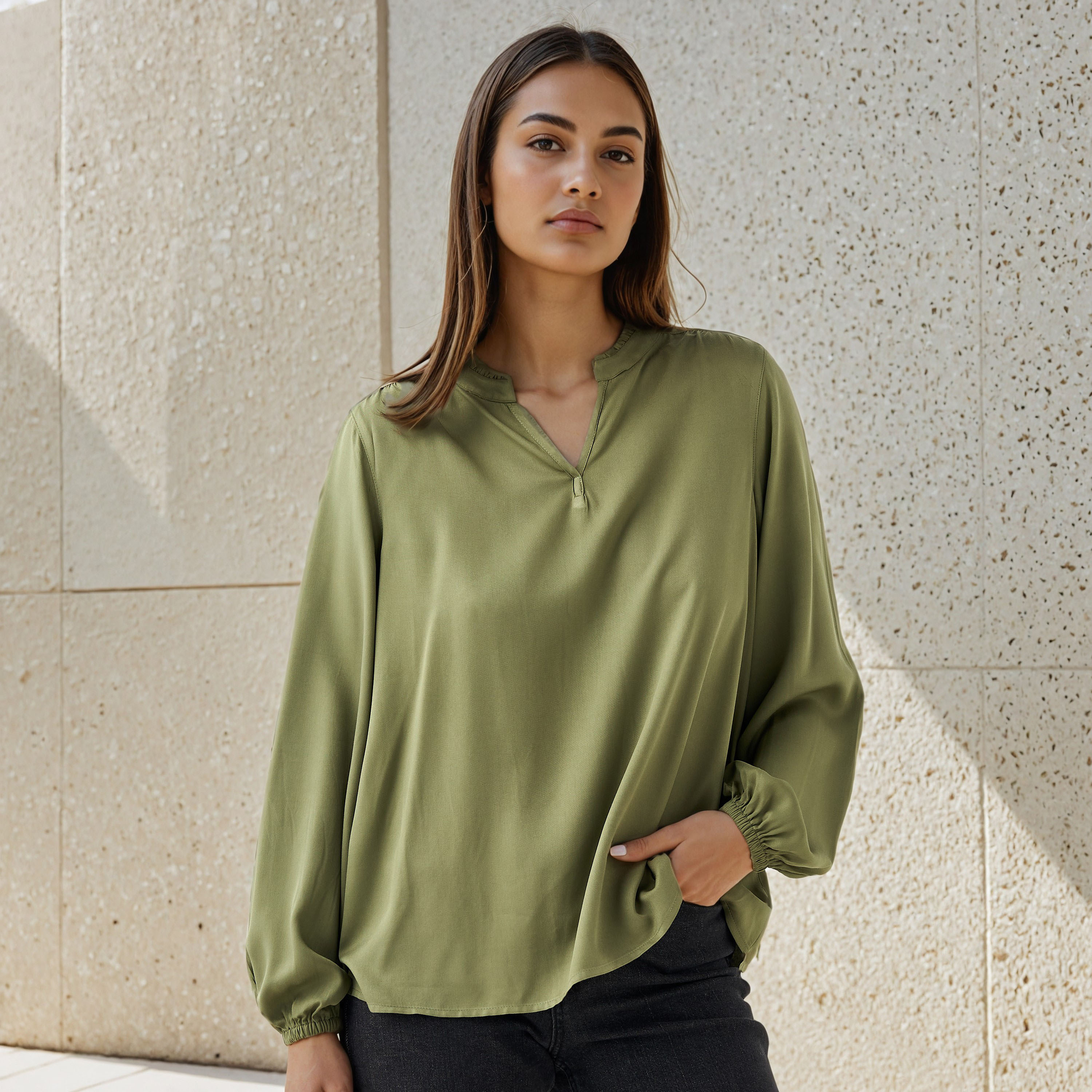 Regular Fit Mandarin Collar Top-women-clothing-shirtsandblouses-blouses-image-5