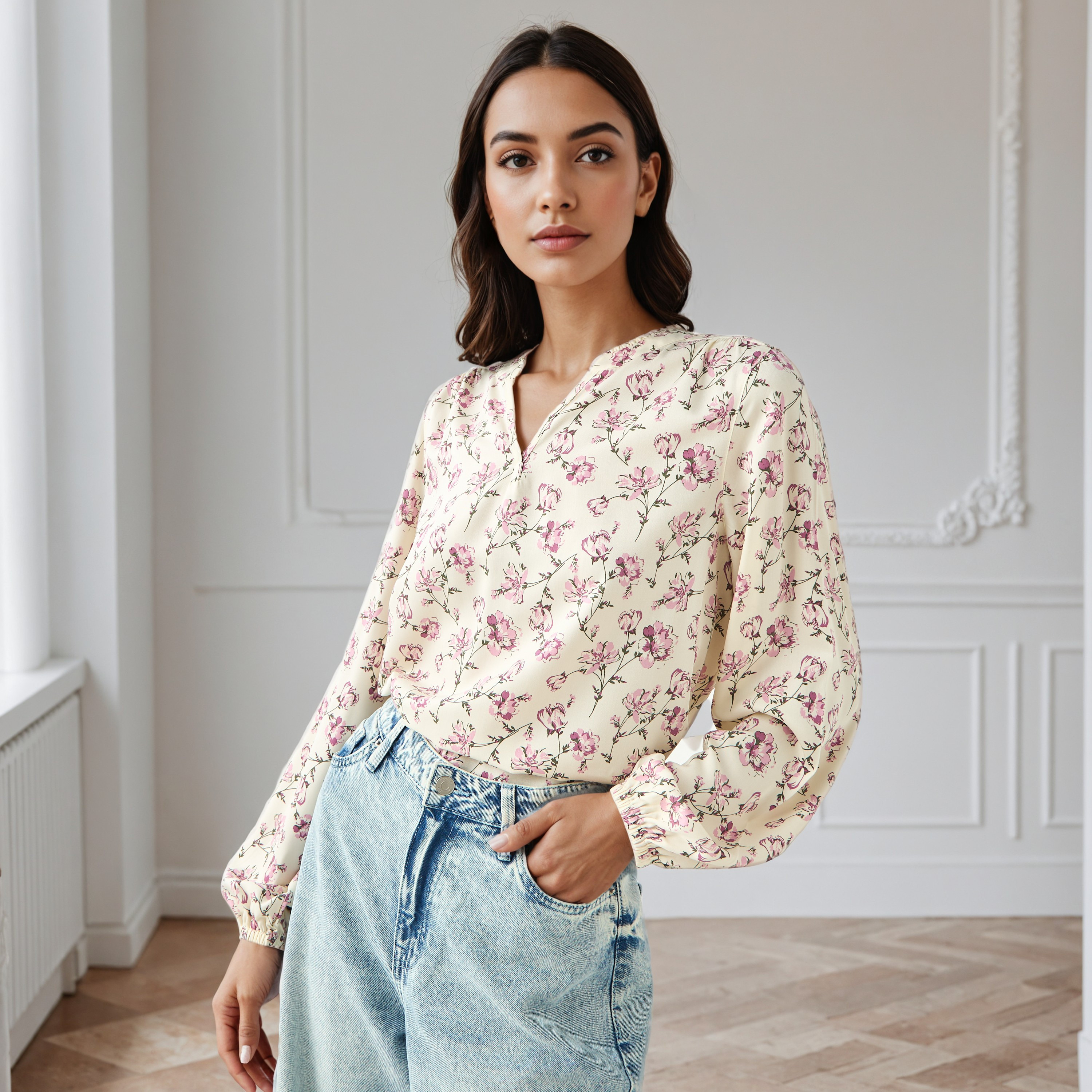 بلوزة بياقة عادية وطبعات زهرية-women-clothing-shirtsandblouses-blouses-image-1