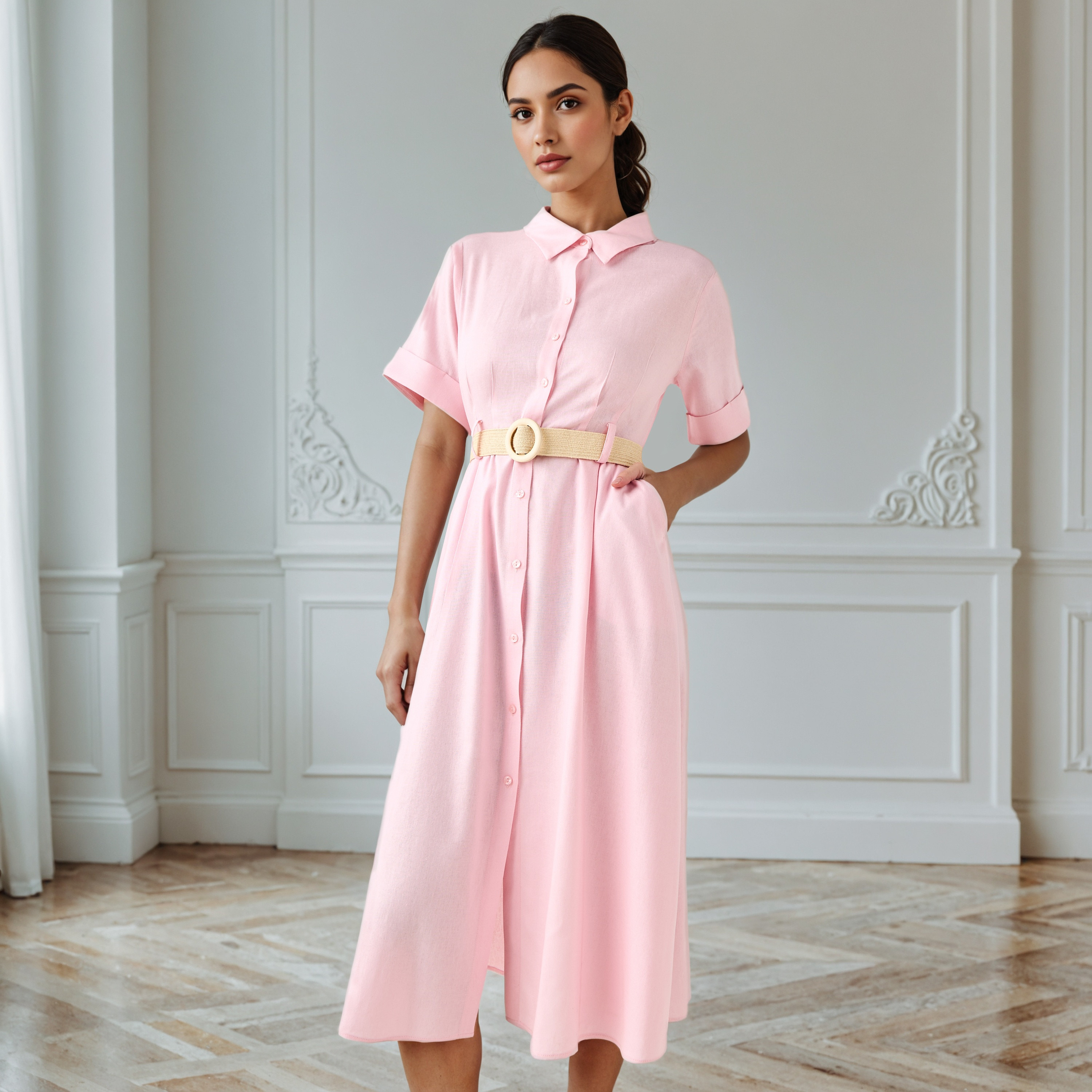 فستان قميص إيه لاين بجيوب-women-clothing-dresses-image-1