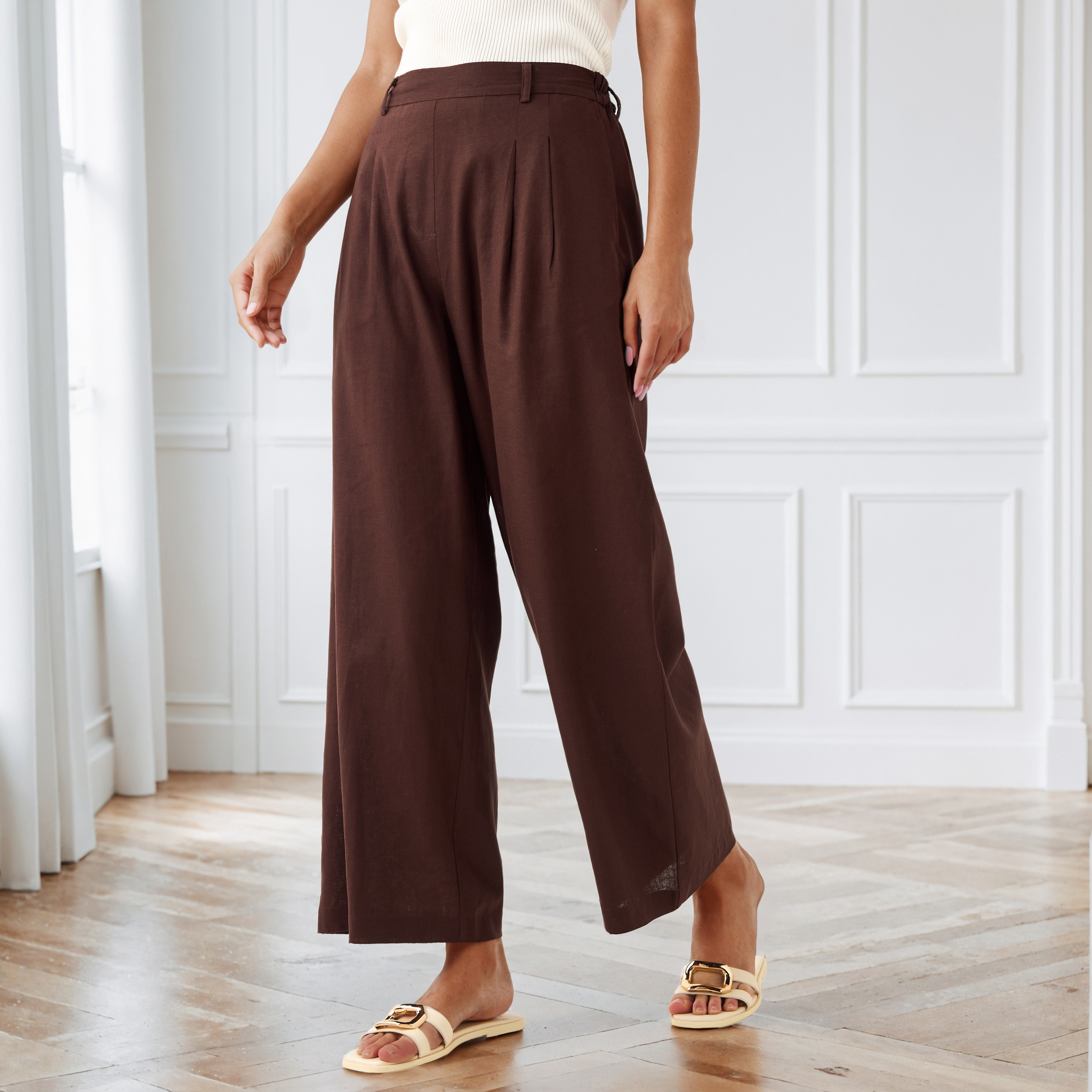 Pleated Linen Blend Wide Leg Flexi Waist Trousers-women-clothing-bottoms-trousers-image-1