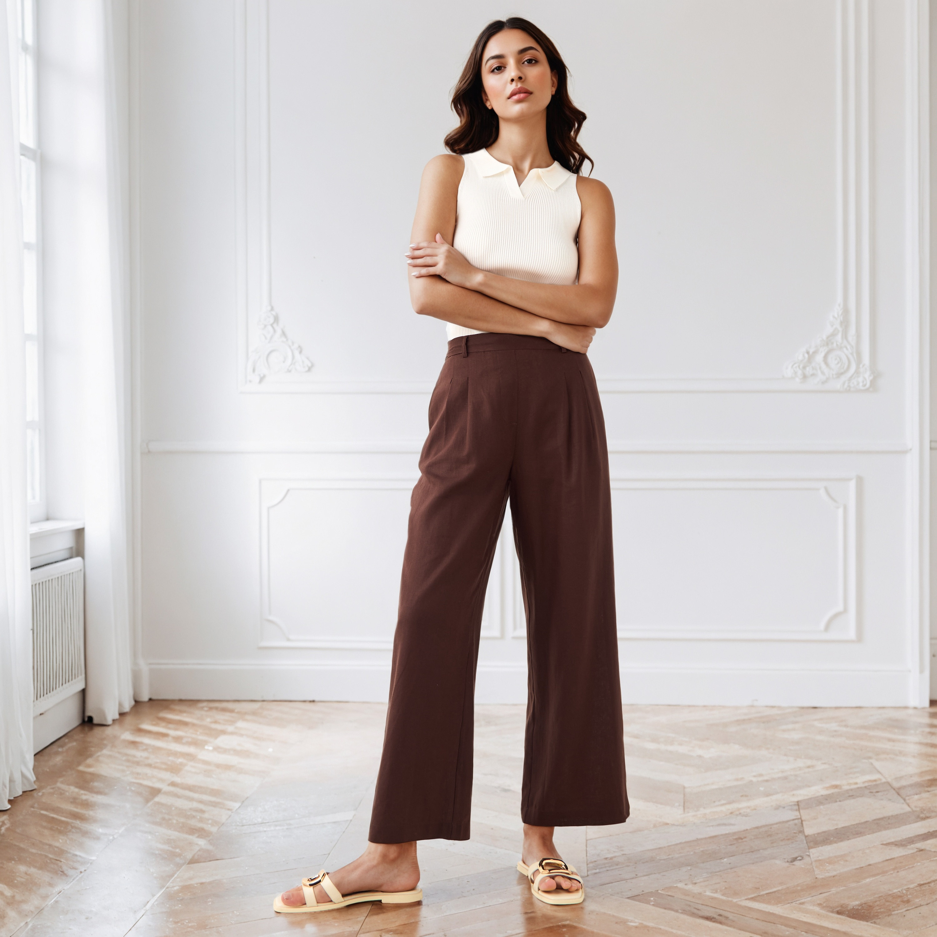 Pleated Linen Blend Wide Leg Flexi Waist Trousers-women-clothing-bottoms-trousers-image-2