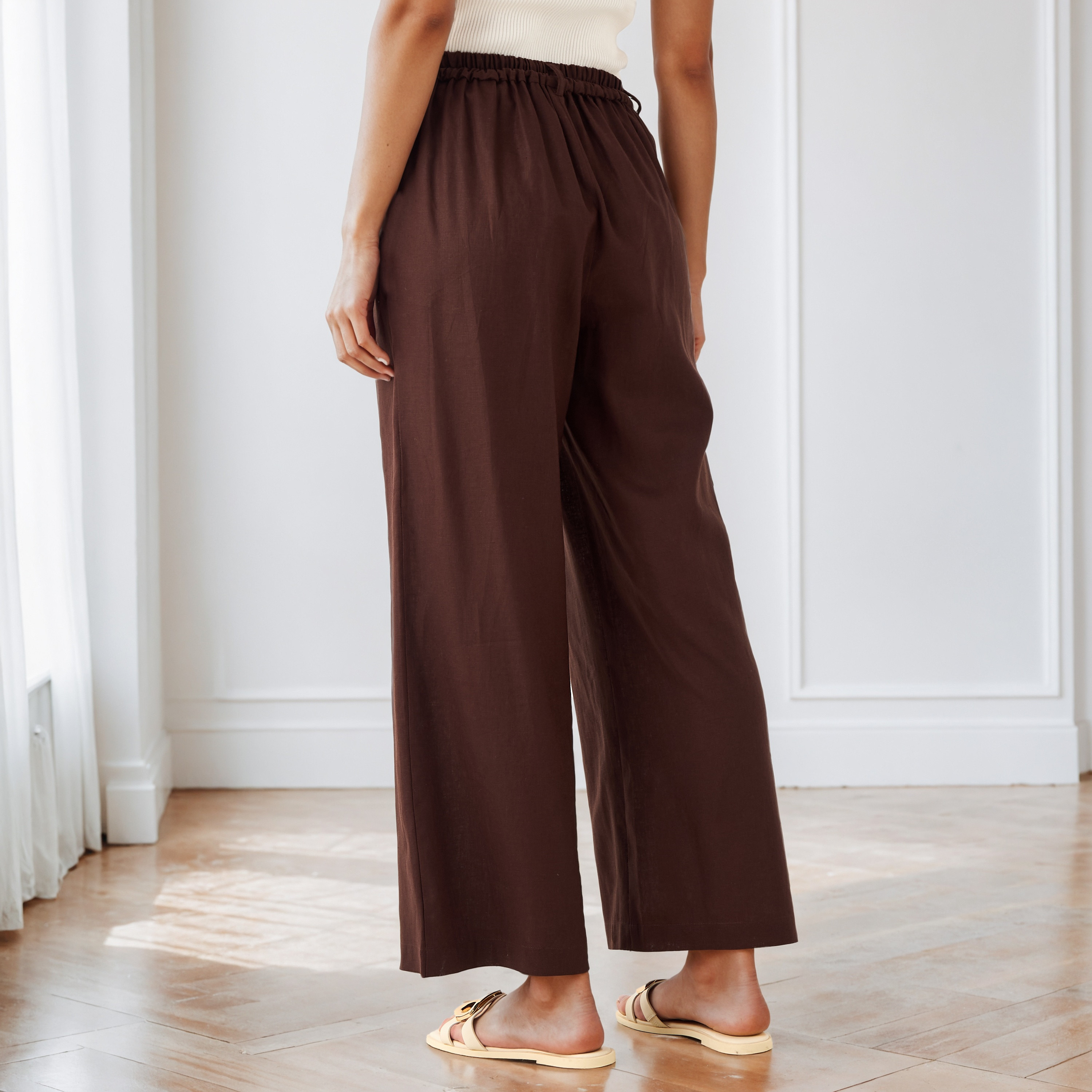 Pleated Linen Blend Wide Leg Flexi Waist Trousers-women-clothing-bottoms-trousers-image-3