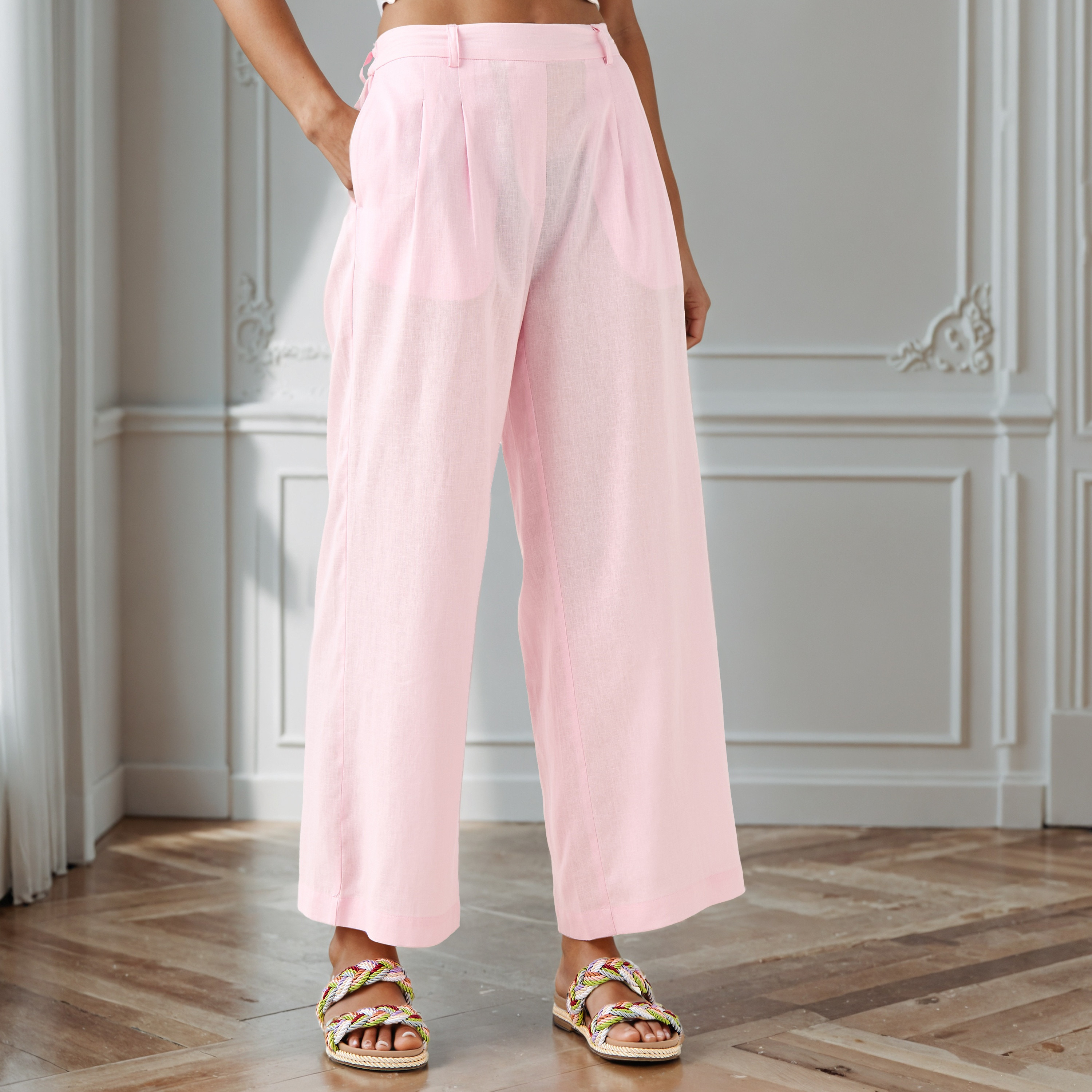 بنطلون واسع الساقين من مزيج الكتان بكُسرات وخصر مطاطي-women-clothing-trousers-image-1