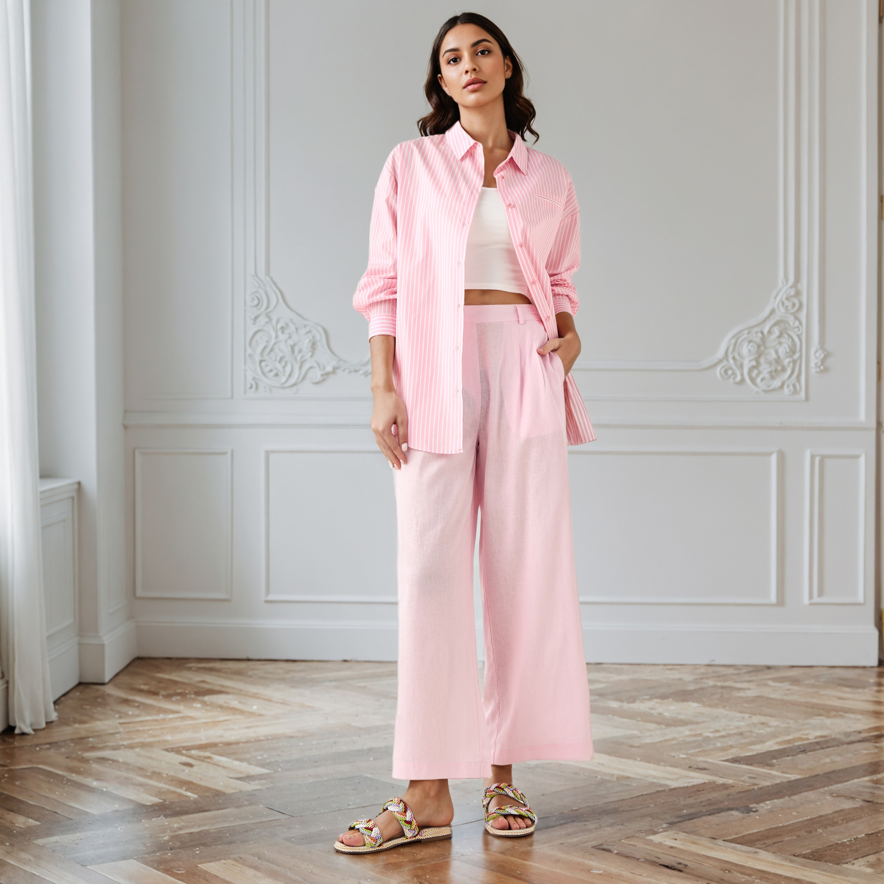 بنطلون واسع الساقين من مزيج الكتان بكُسرات وخصر مطاطي-women-clothing-trousers-image-2