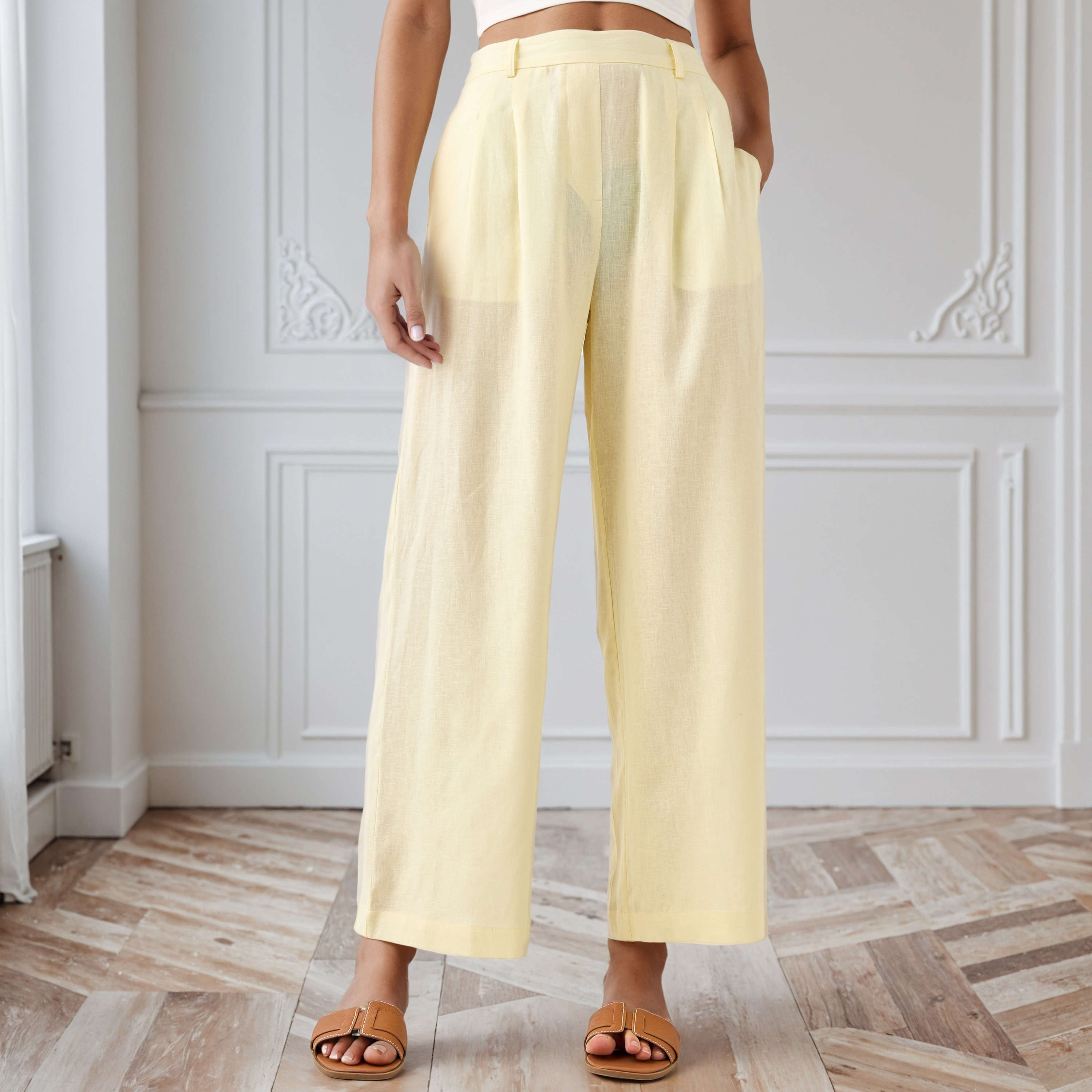 Pleated Linen Blend Wide Leg Flexi Waist Trousers-women-clothing-bottoms-trousers-image-1